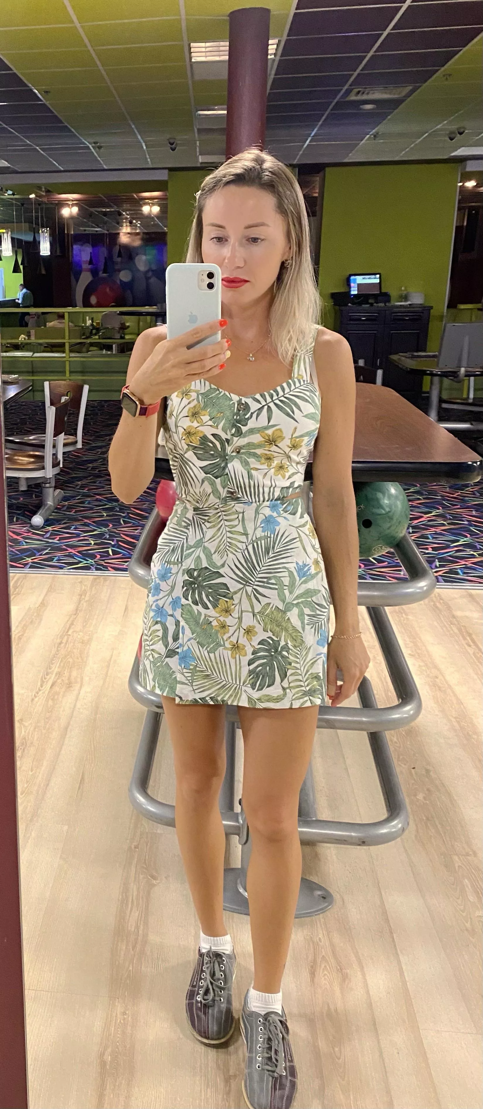 Bowling in tight summer dress 💚🤍💙