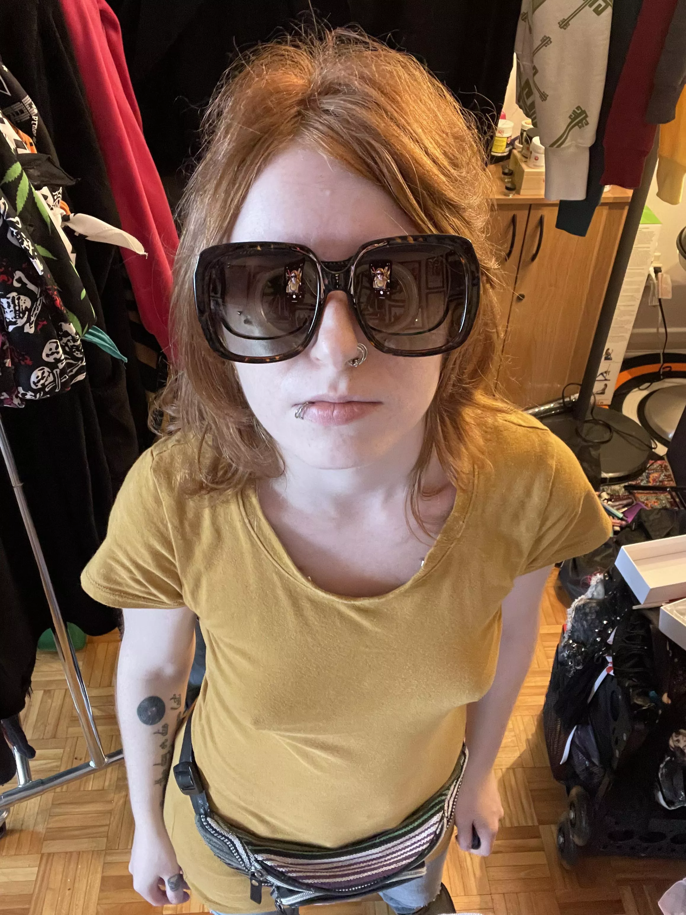 Braless trying on my new sunglasses