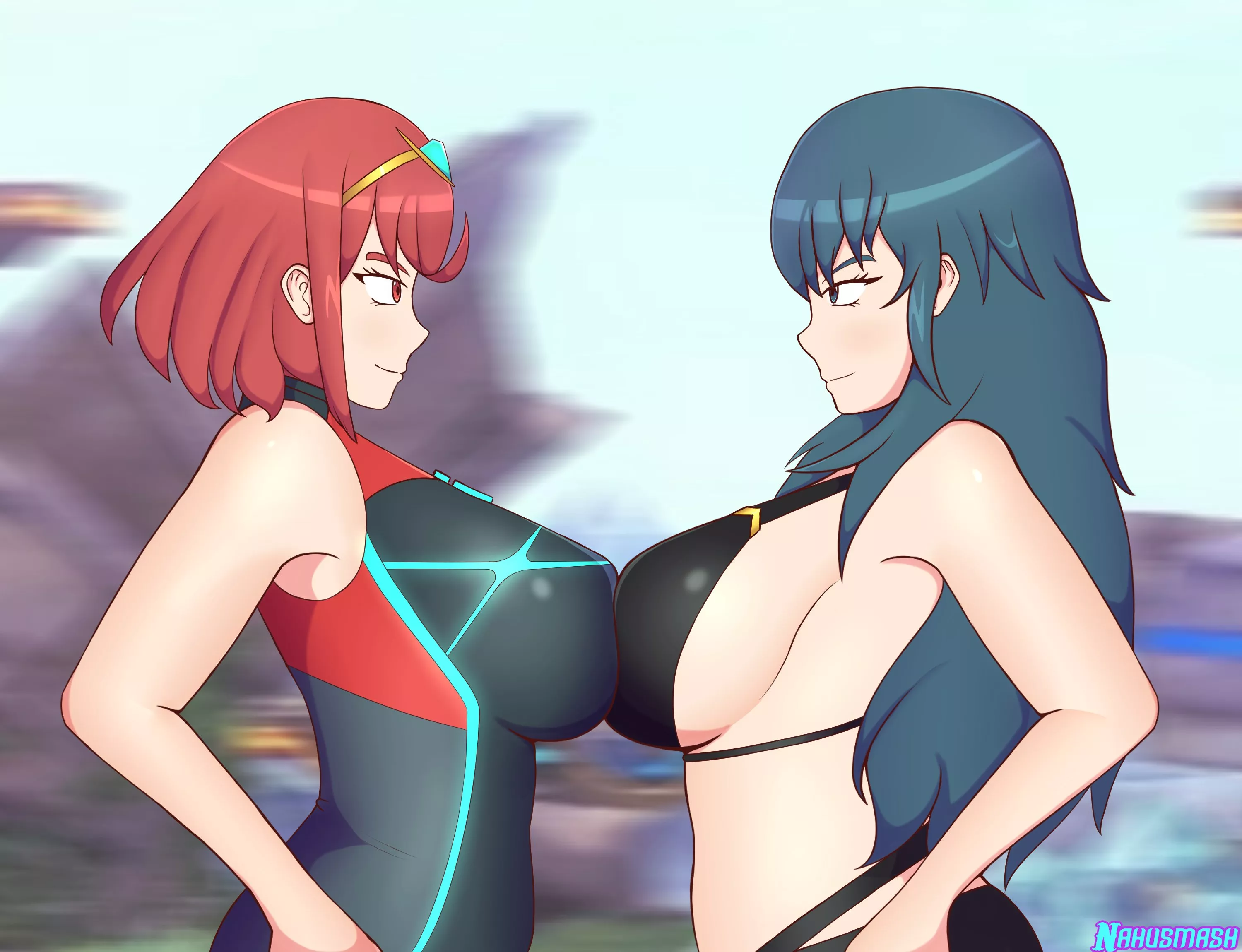 Byleth and Pyra symmetrically docked (Nahusmash_nsfw)