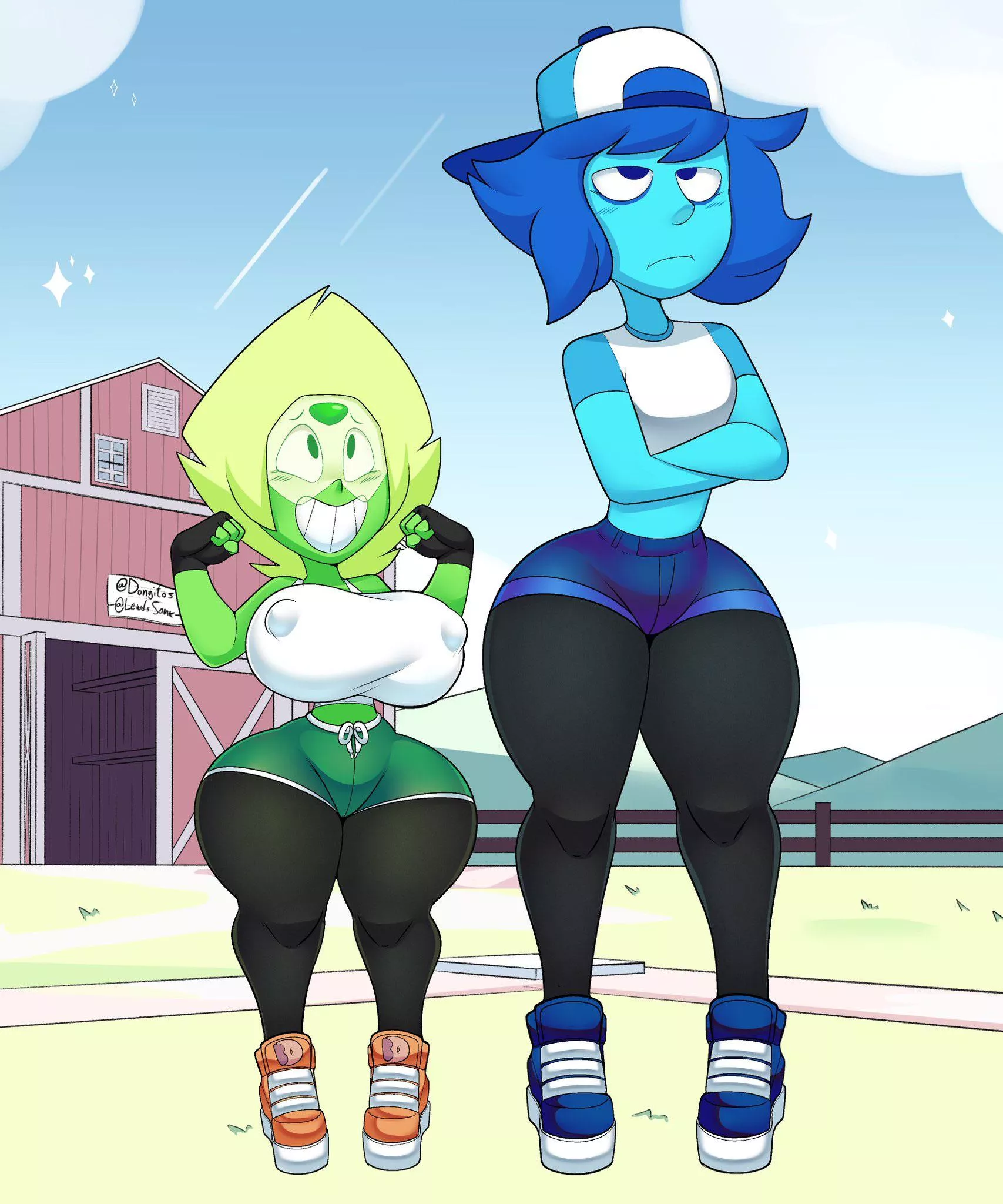 Cartoonishly thicc Baseball Lapis (Bob) and Peridot (Art by dongitos, background by LewdsSonk)