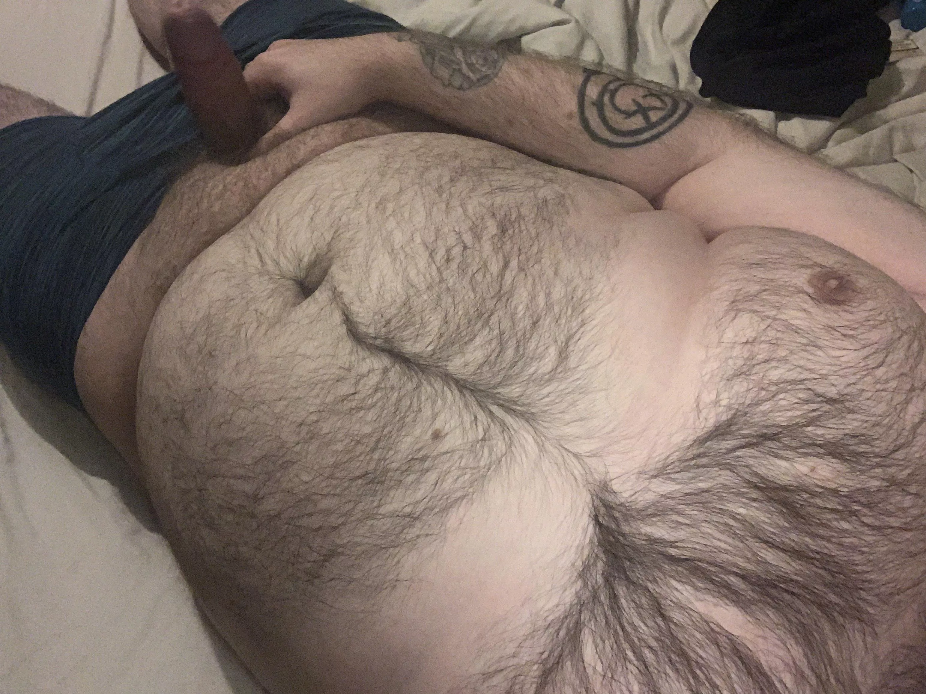 Chest and tummy fuzz featuring my dick, couldn’t not post this here. Not the biggest I admit but we’d still have fun 😏