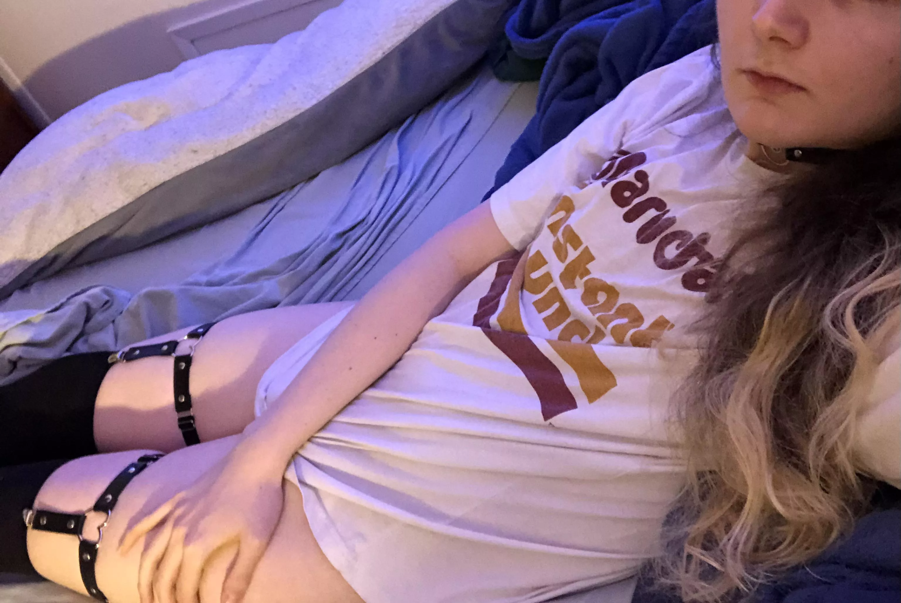 chilling in my bed wearing a big t-shirt and my new fav socks 🥰