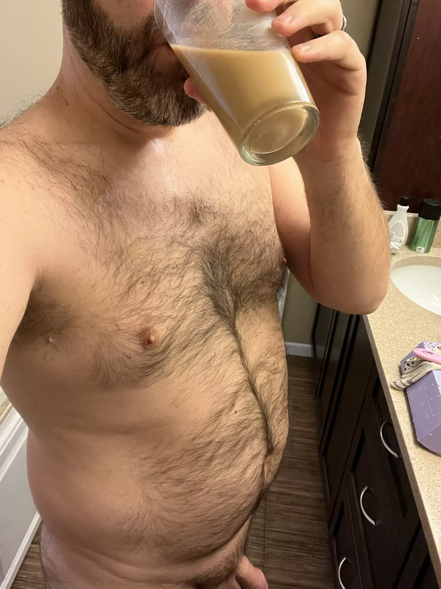 Chilly mornings lead to shower coffee.