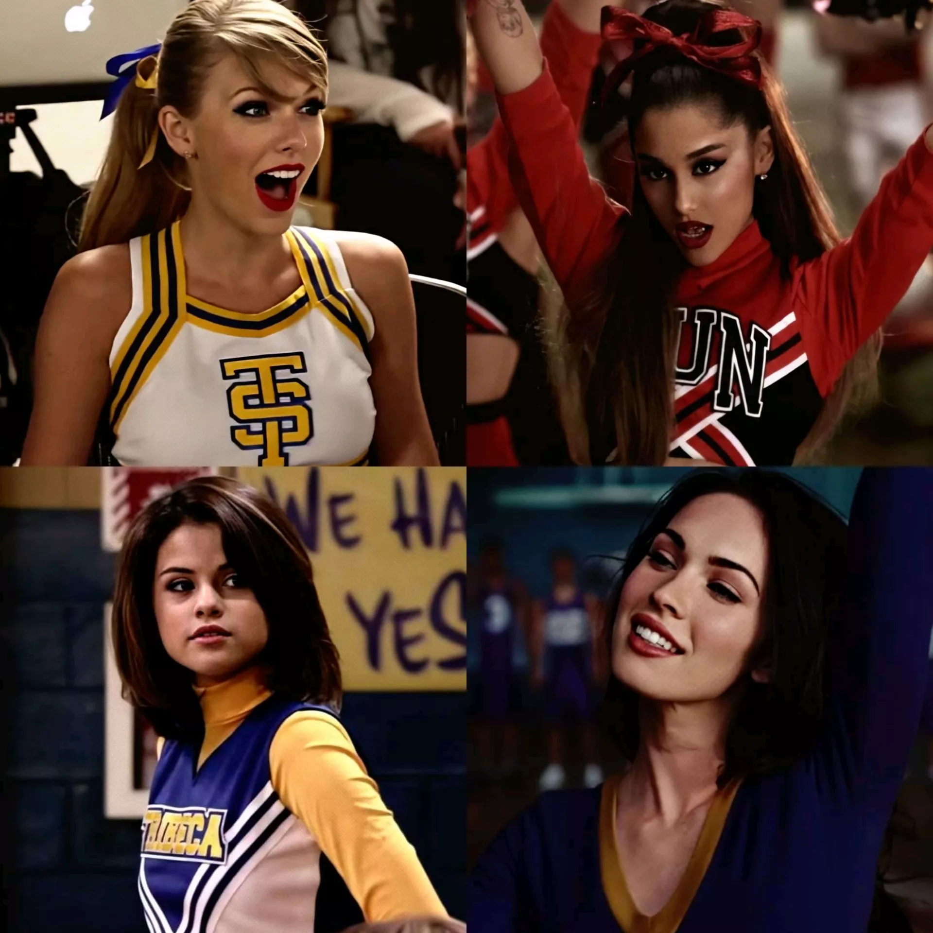 Choose your sleepover cheerleader partner.Taylor Swift or Ariana Grande or Selena Gomez or Megan Fox?