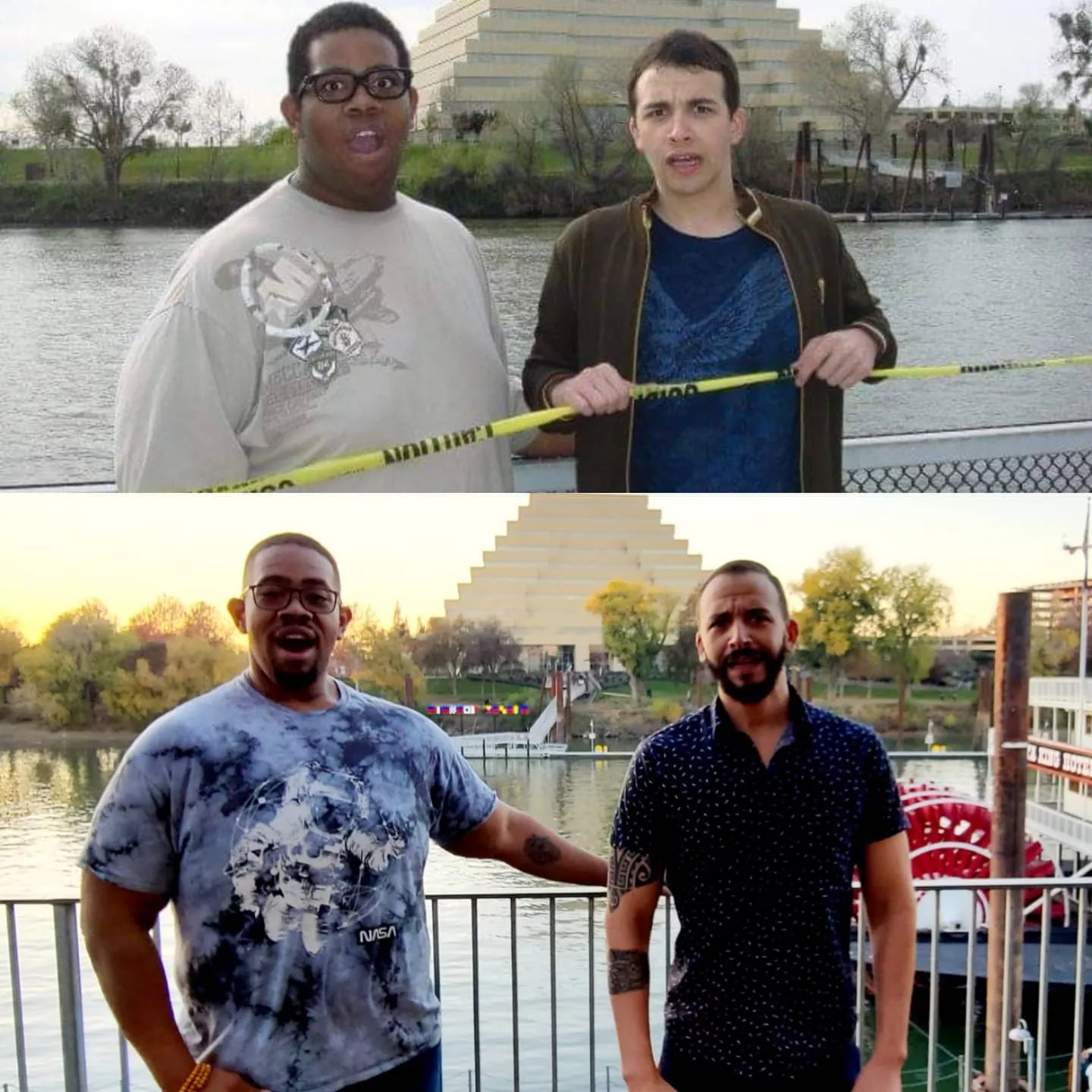 Couple of gay bros celebrating a 10 year glow up with a photo recreation! ðŸ˜ŒðŸ‘€ðŸª„