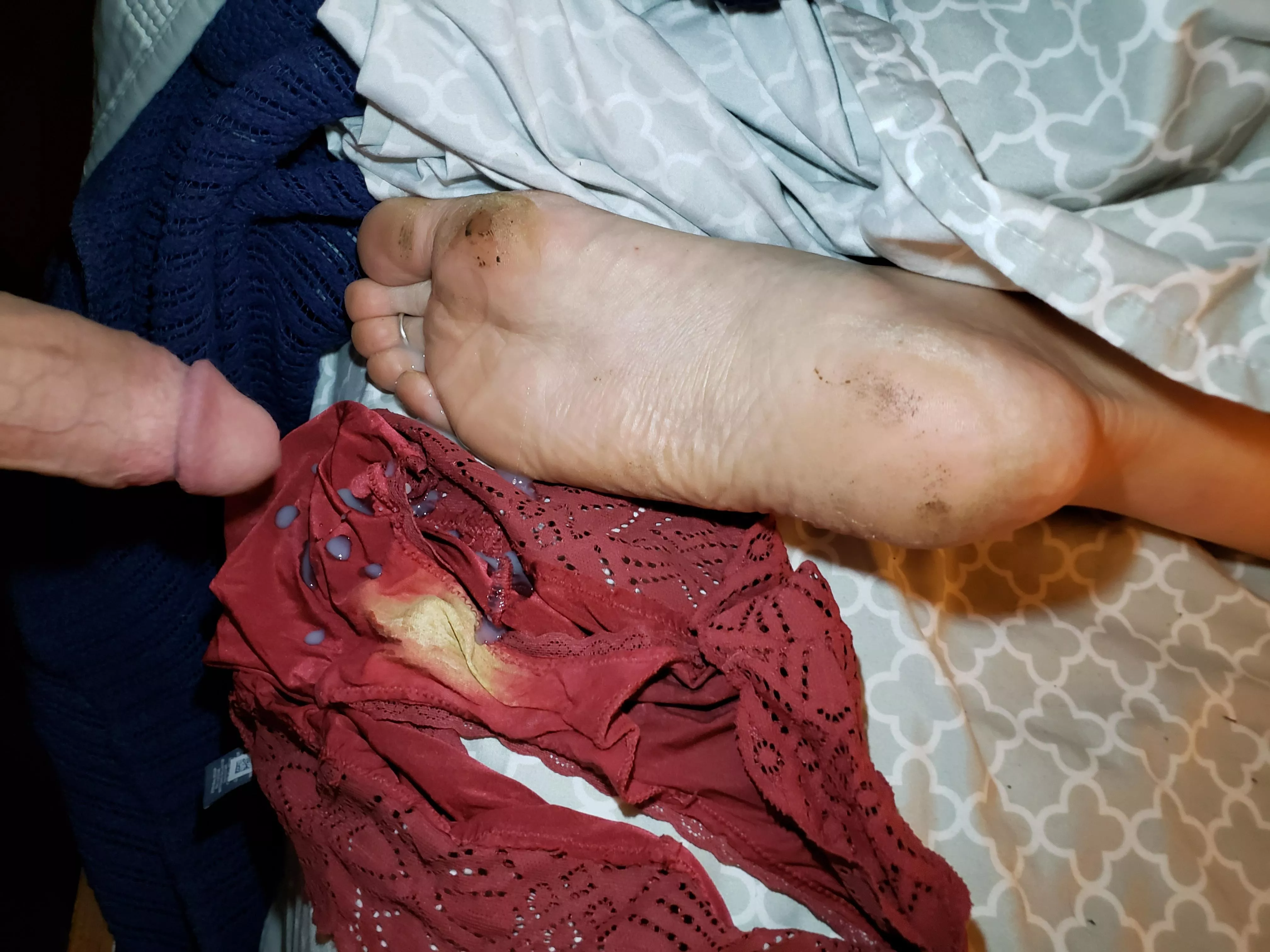 Cumming on my wife's panties and foot