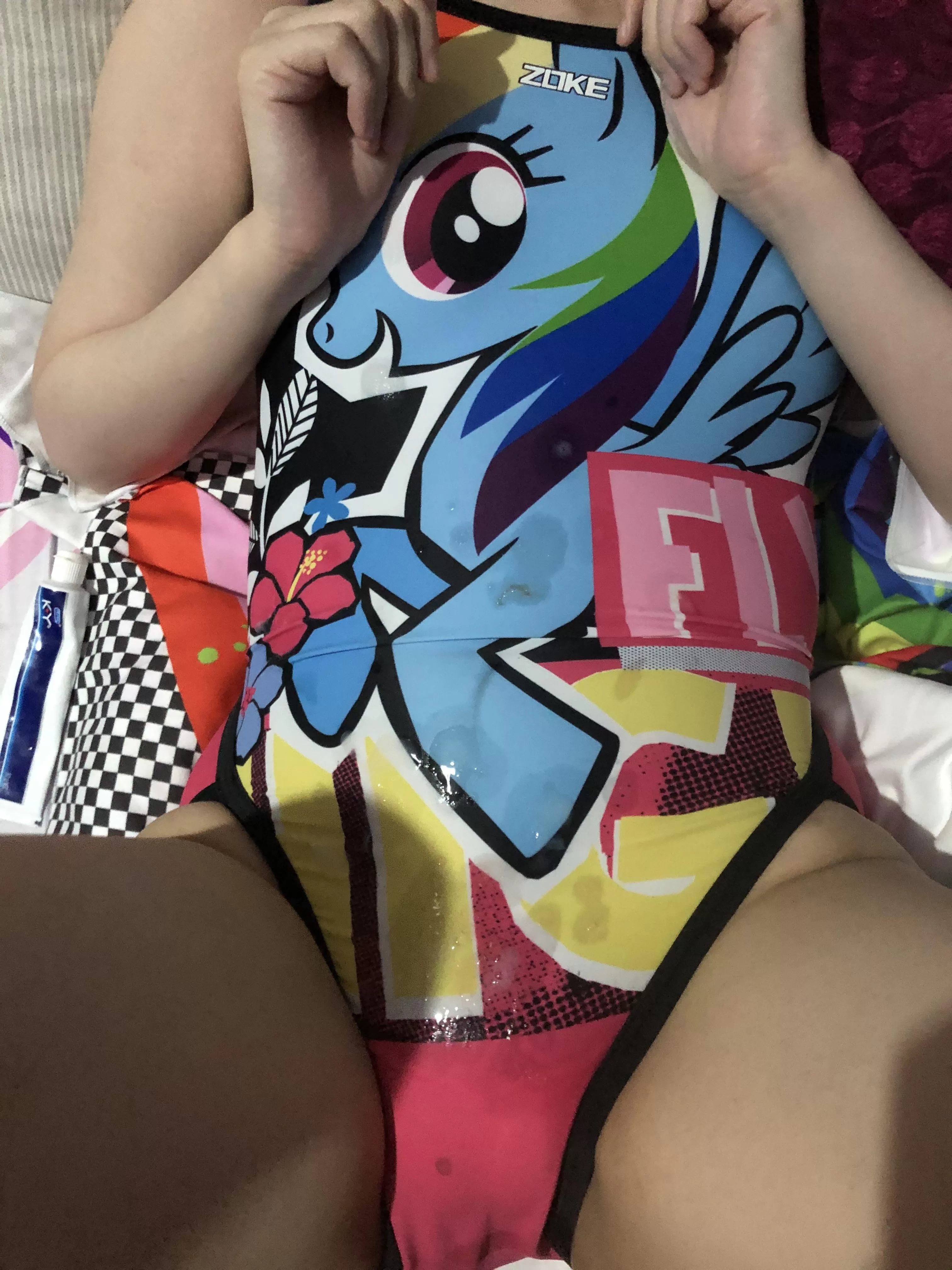 Daddy made a mess on my favorite pony swimsuit ><