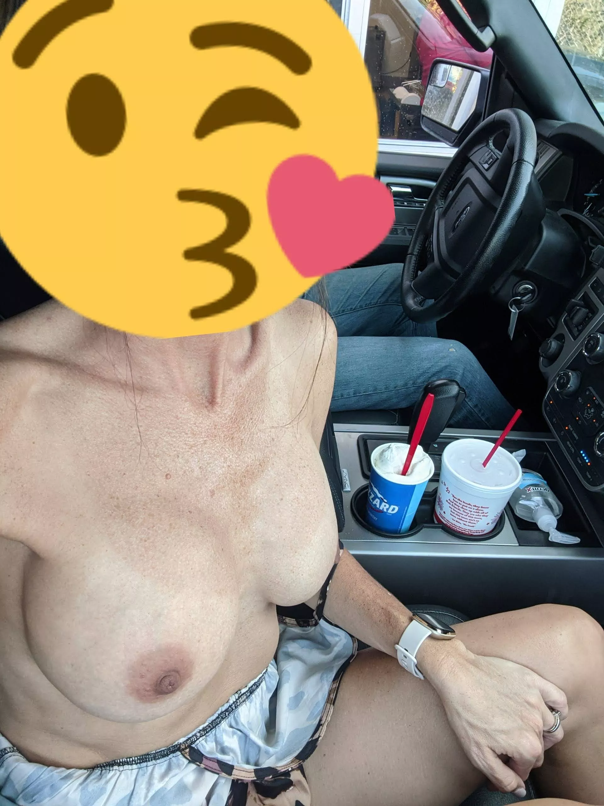 Dared my wife to go through the local drive thru topless