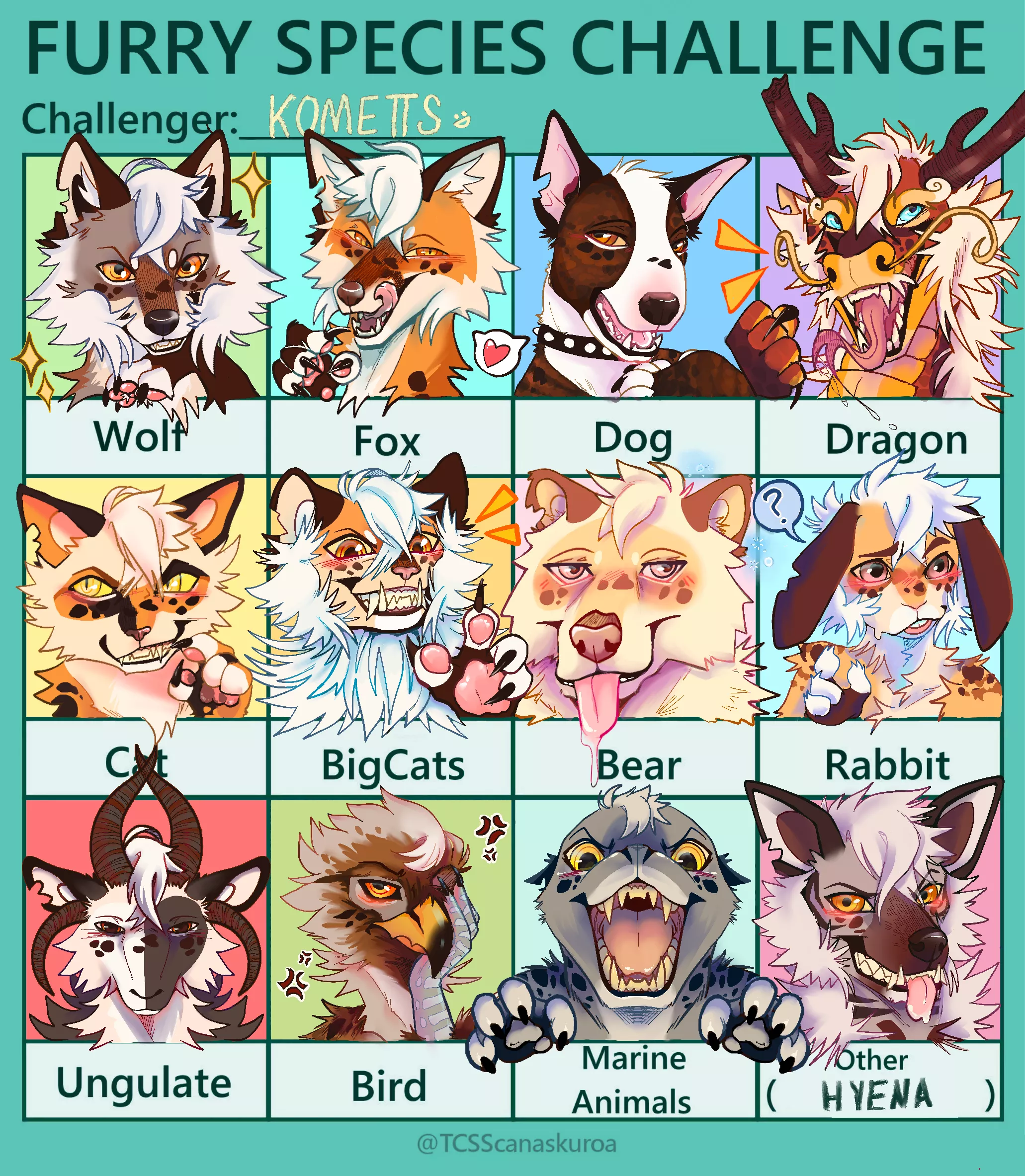 Decided to do this challenge but make all the different species variations of my sona! Hope you all like it :D