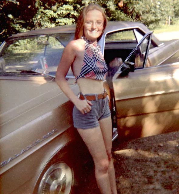 Denim shorts and a silk top - circa 1971