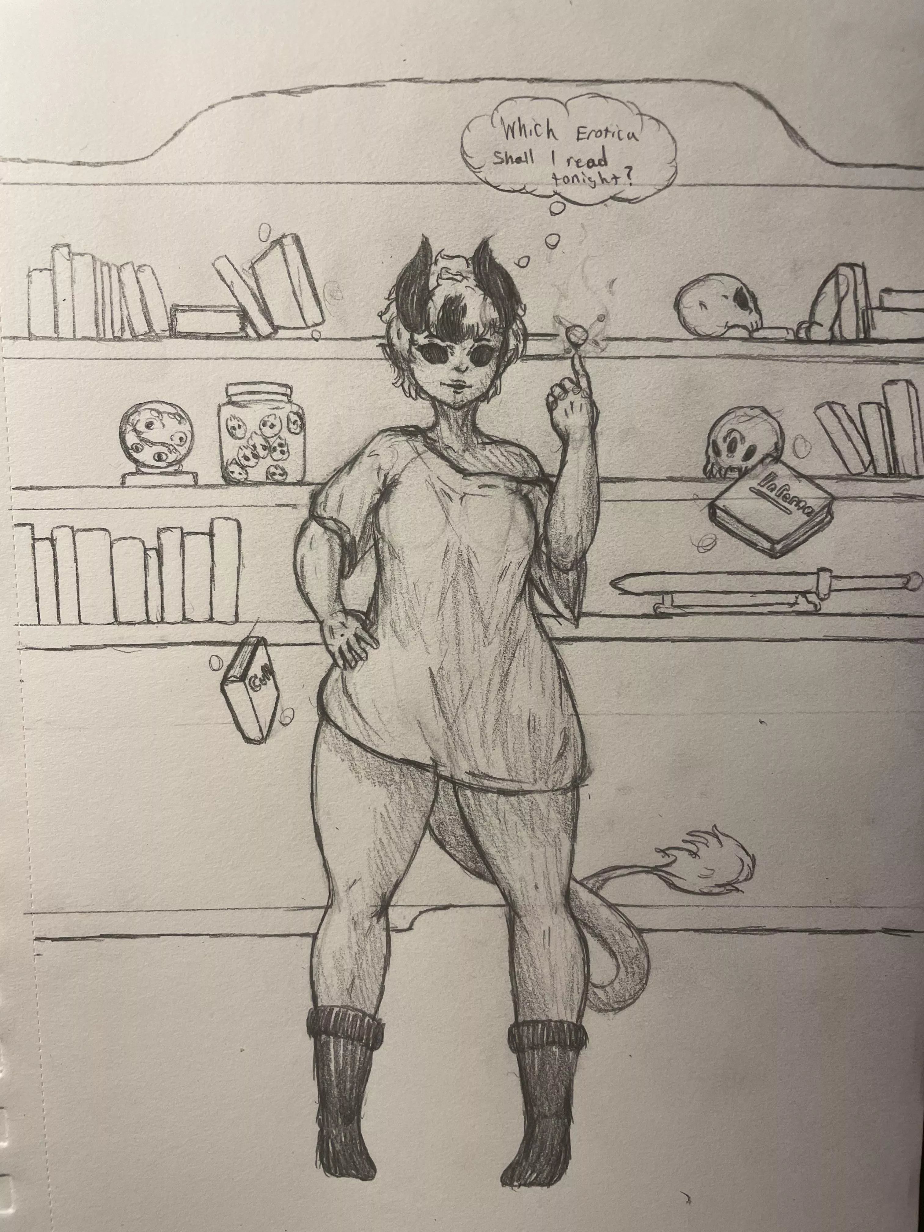 Dione picking a book, OC