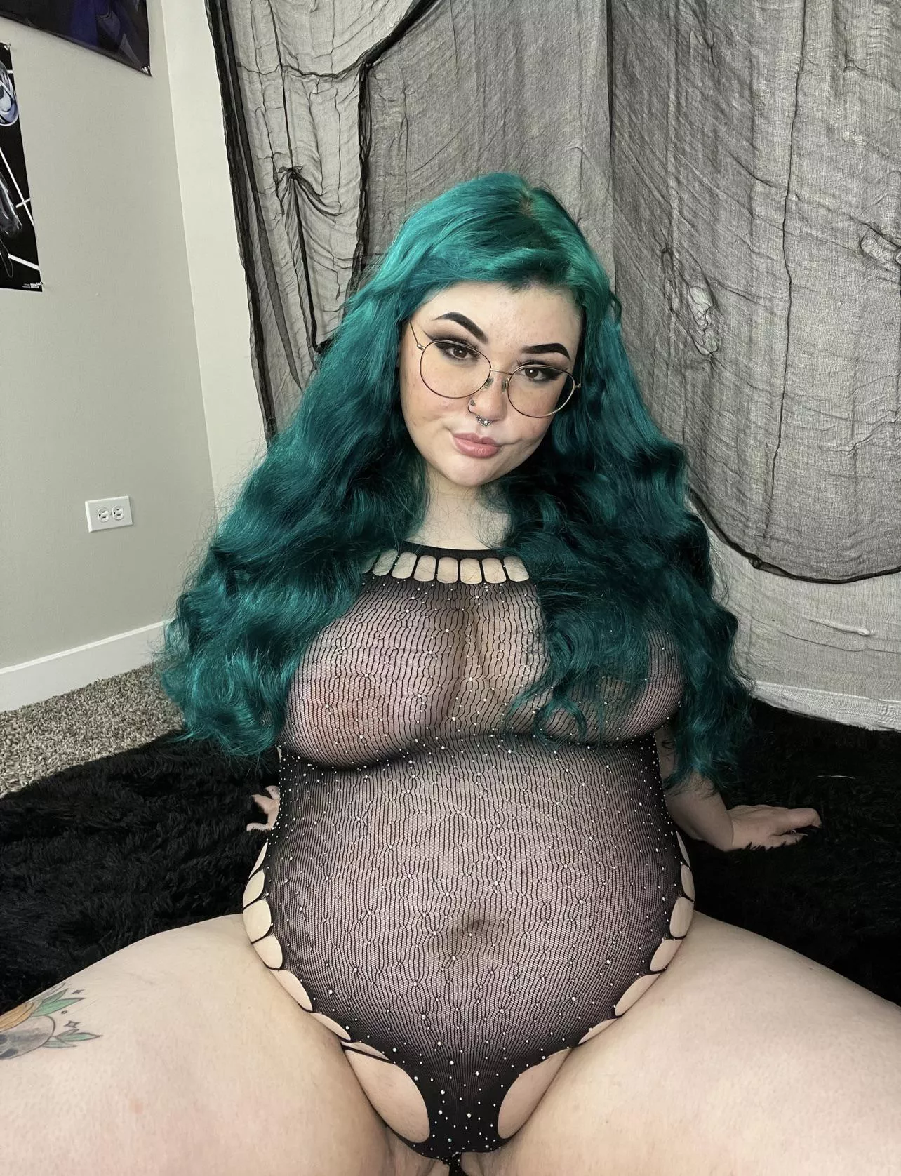 Do you like my new rhinestone fishnet bodysuit? 🥺🥰