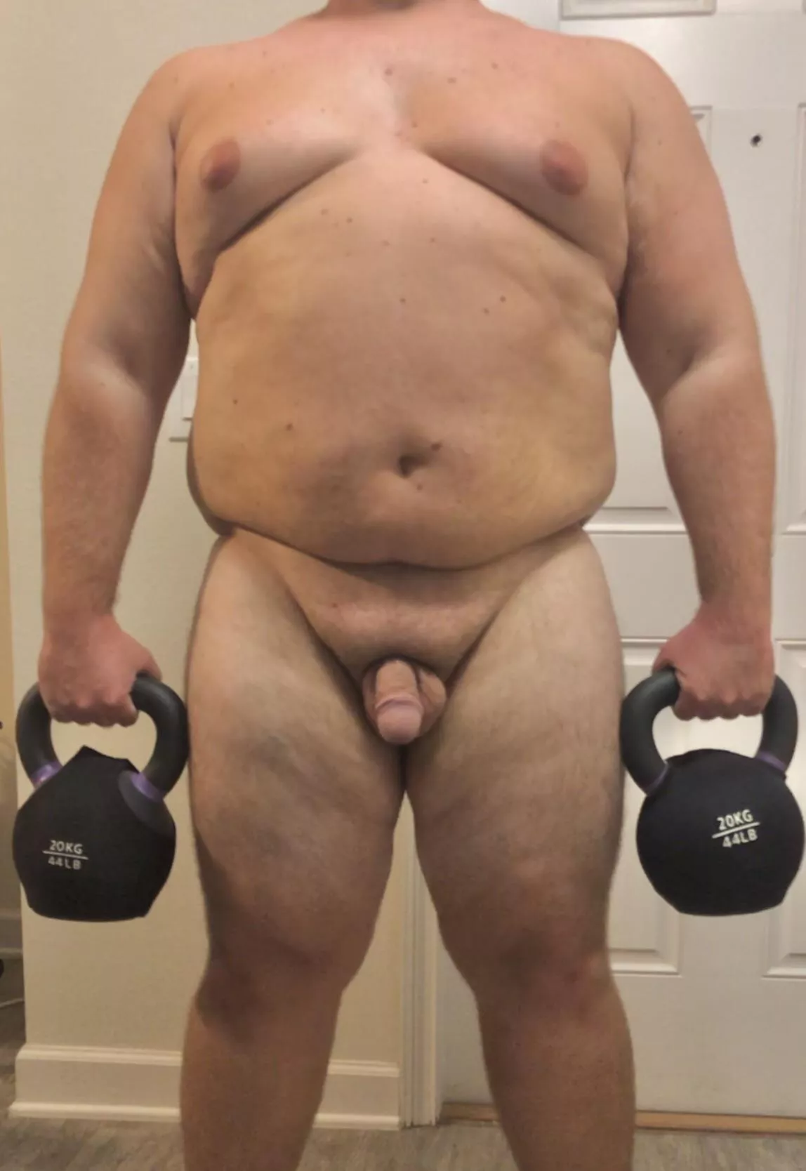 Easier to swing kettlebells while naked! Trying to get back in shape while monitoring my nude body’s changes.