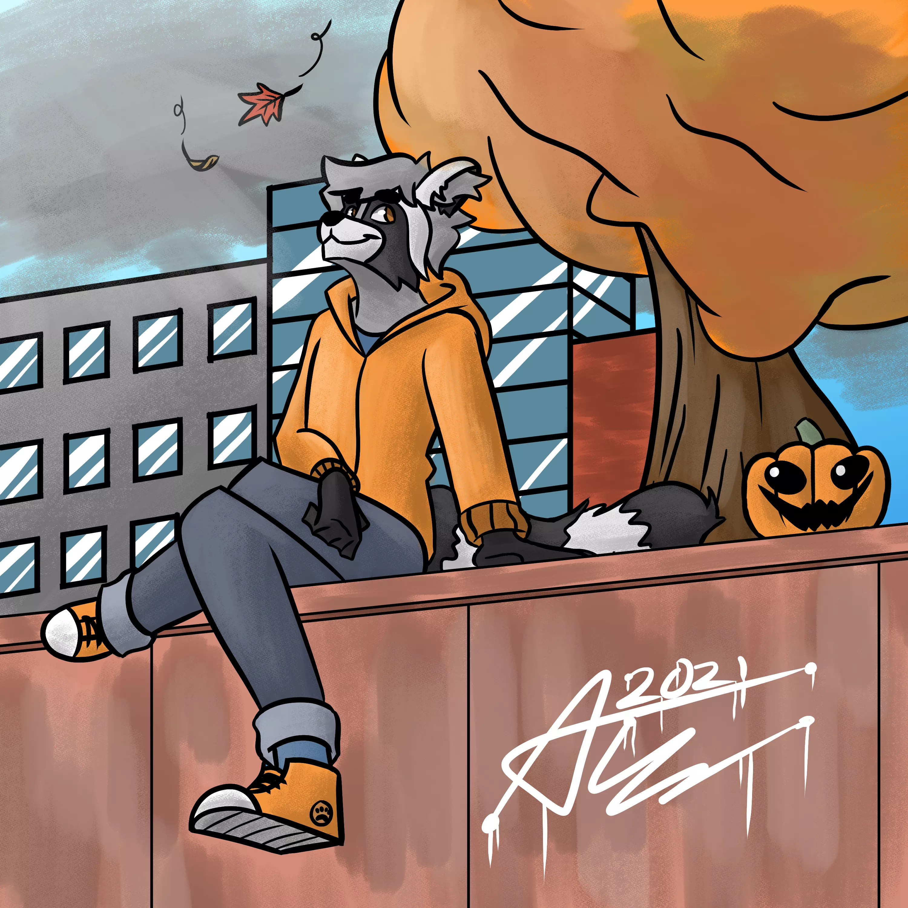 Enjoying the autumn weather. 🍁 🍂 🎃 (Drawn by me @ReytheRaccoon on Twitter)