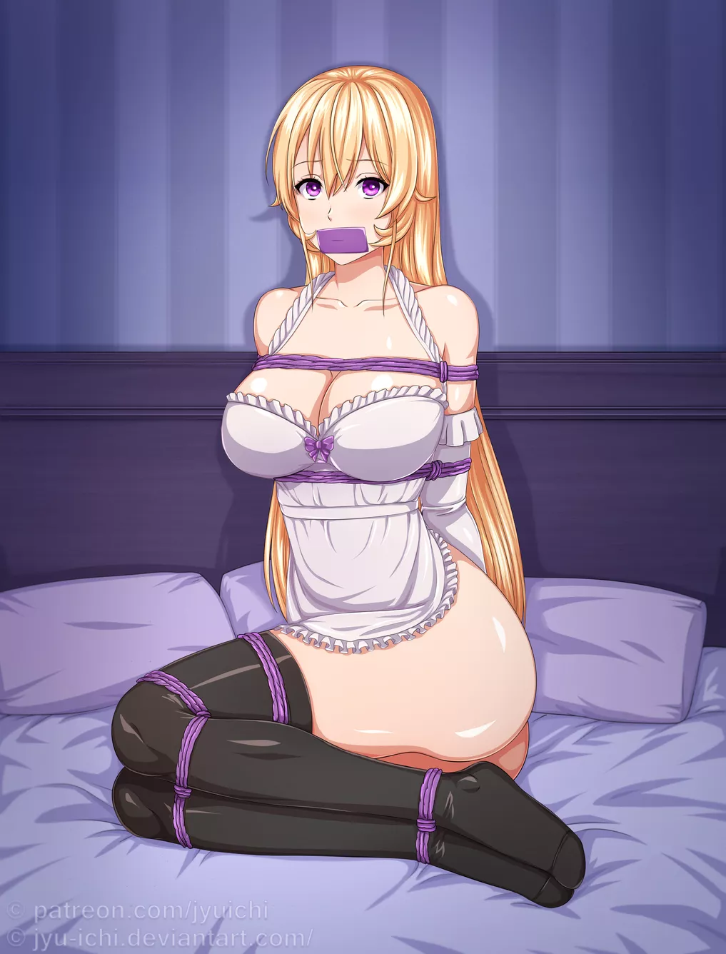 Erina tied up and gagged, just waiting on top of the bed, ready to be played with.