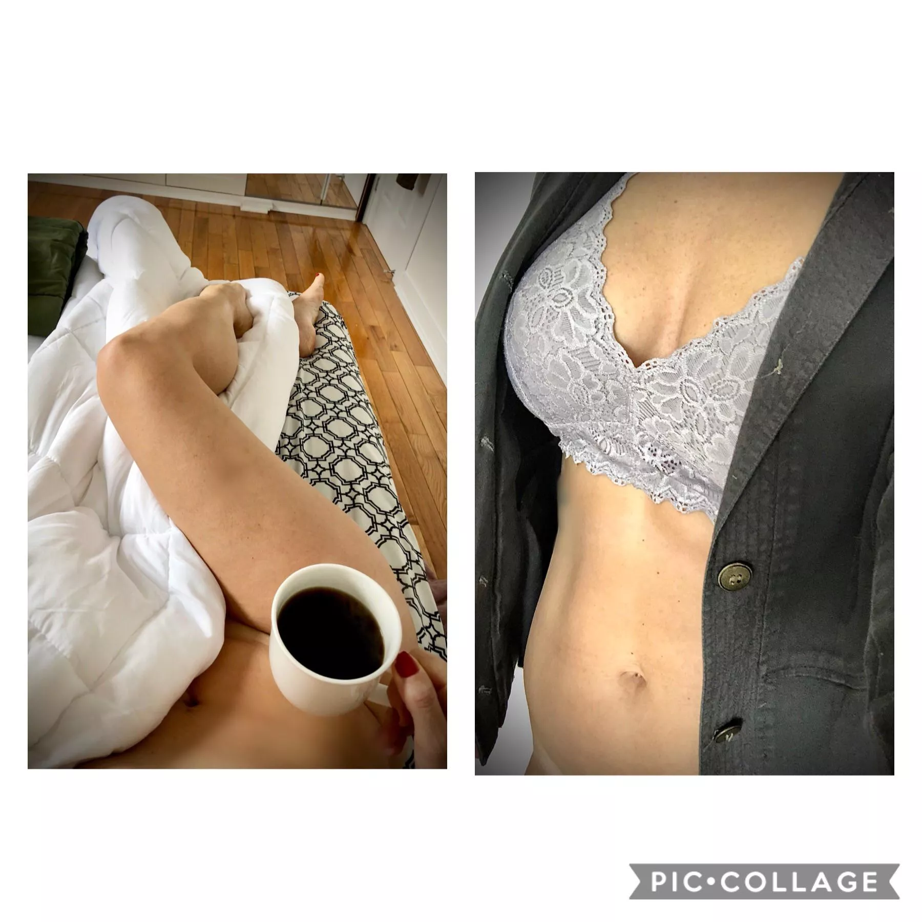 [F]emale 43, Slow start to my day. Enjoyed my coffee and some me time. Now time to get ready... should I keep the bra on ?? ðŸ˜‰ (oc)