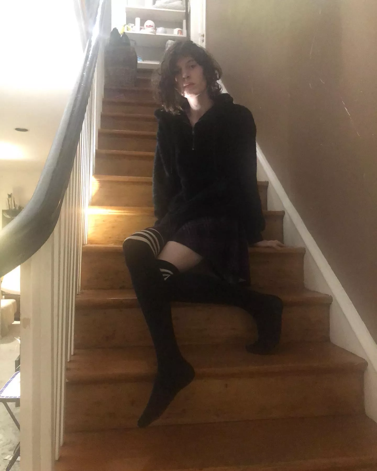 Femboy on da stairs what will he do??