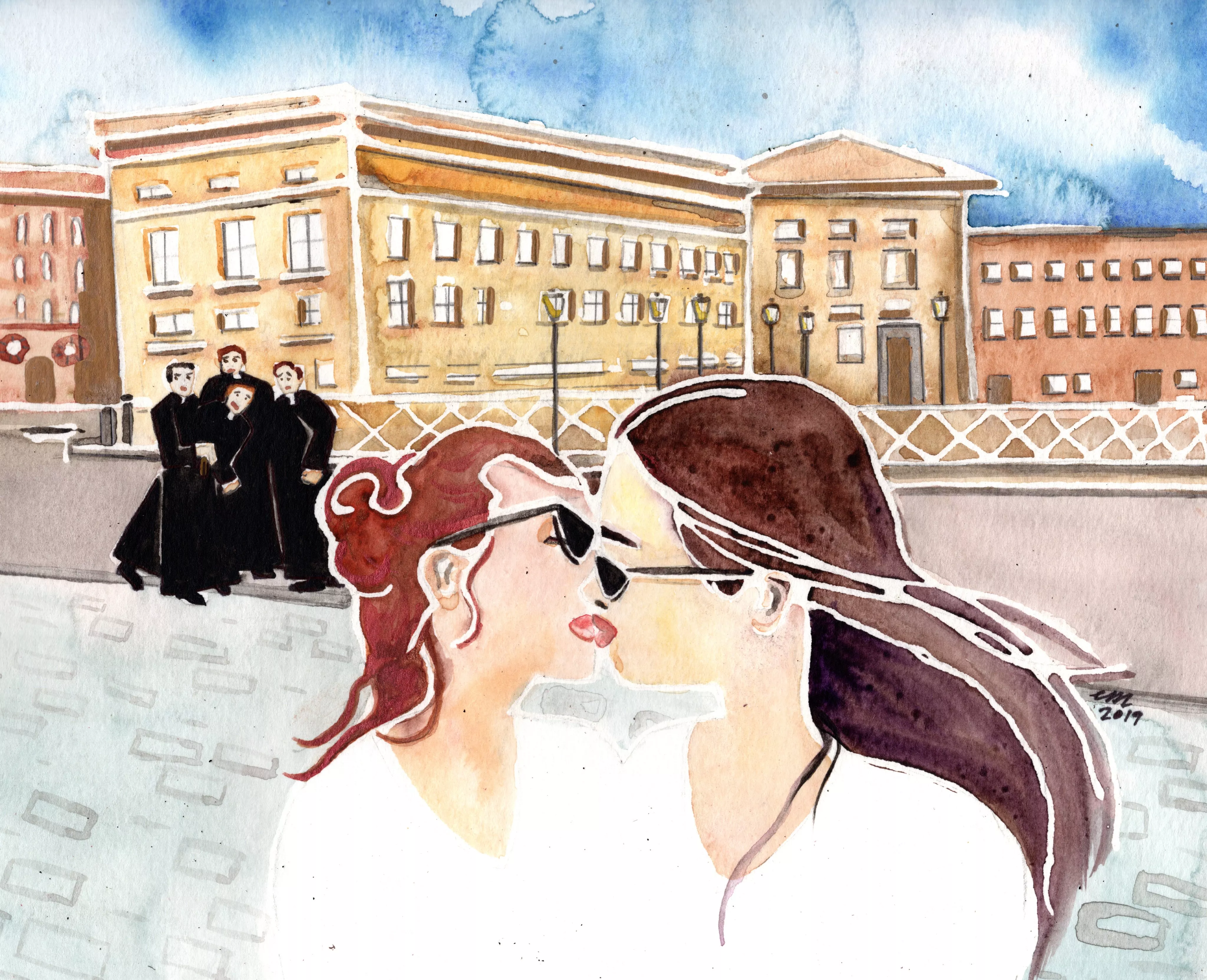 @Femmetomorrow on twitter made a painting of me kissing Mistress Iris in rome! hehehe