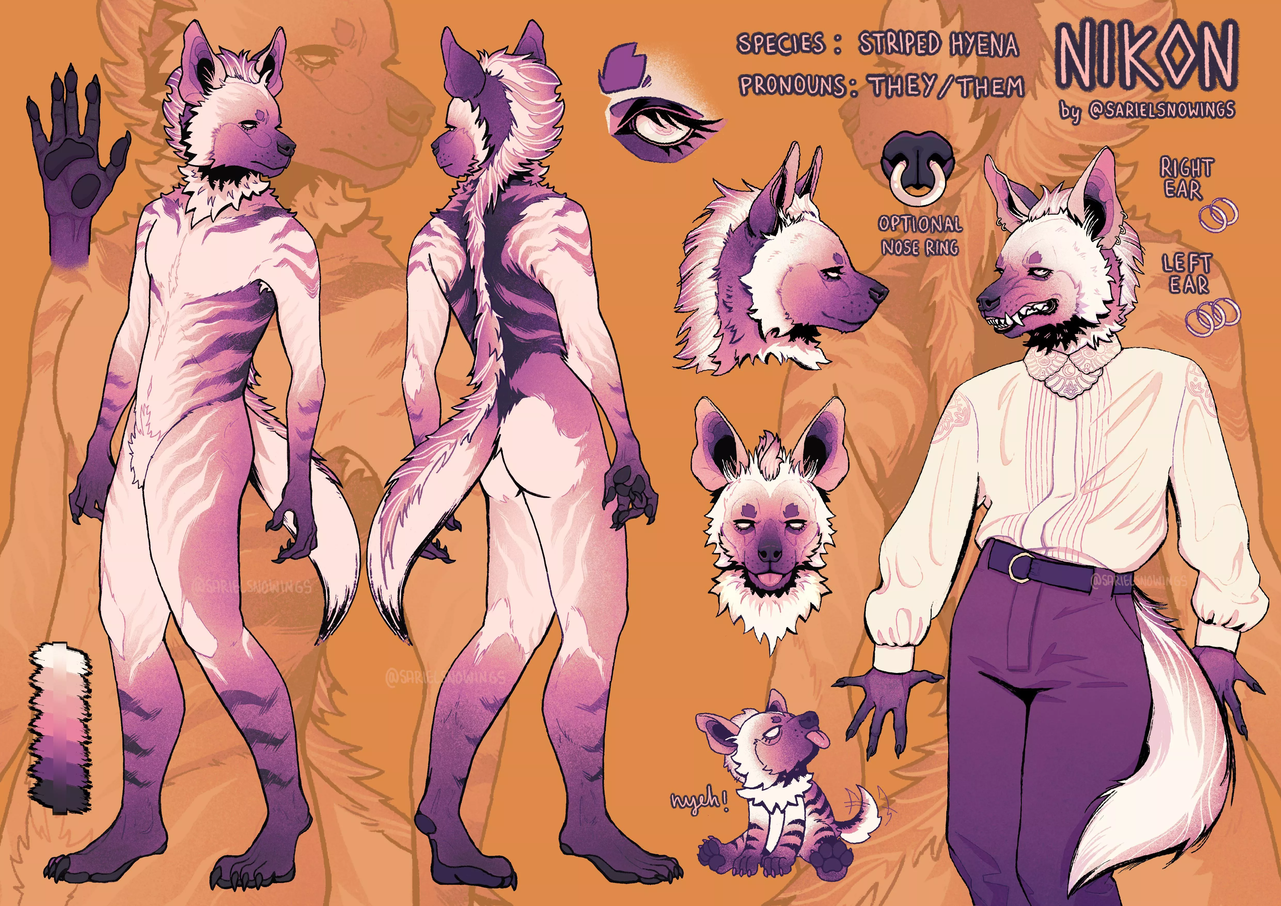 Finally finished the ref sheet for my fursona!! First time making one so there’s lots to improve, but I think it’s a good start. (Art by me, @SarielSnowings on Twitter/IG)