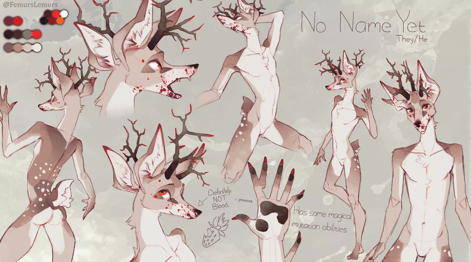 First ref sheet for my current sona! Got a bit impatient halfway through, thinking of remaking it once again soon - Art by me @femurslemurs