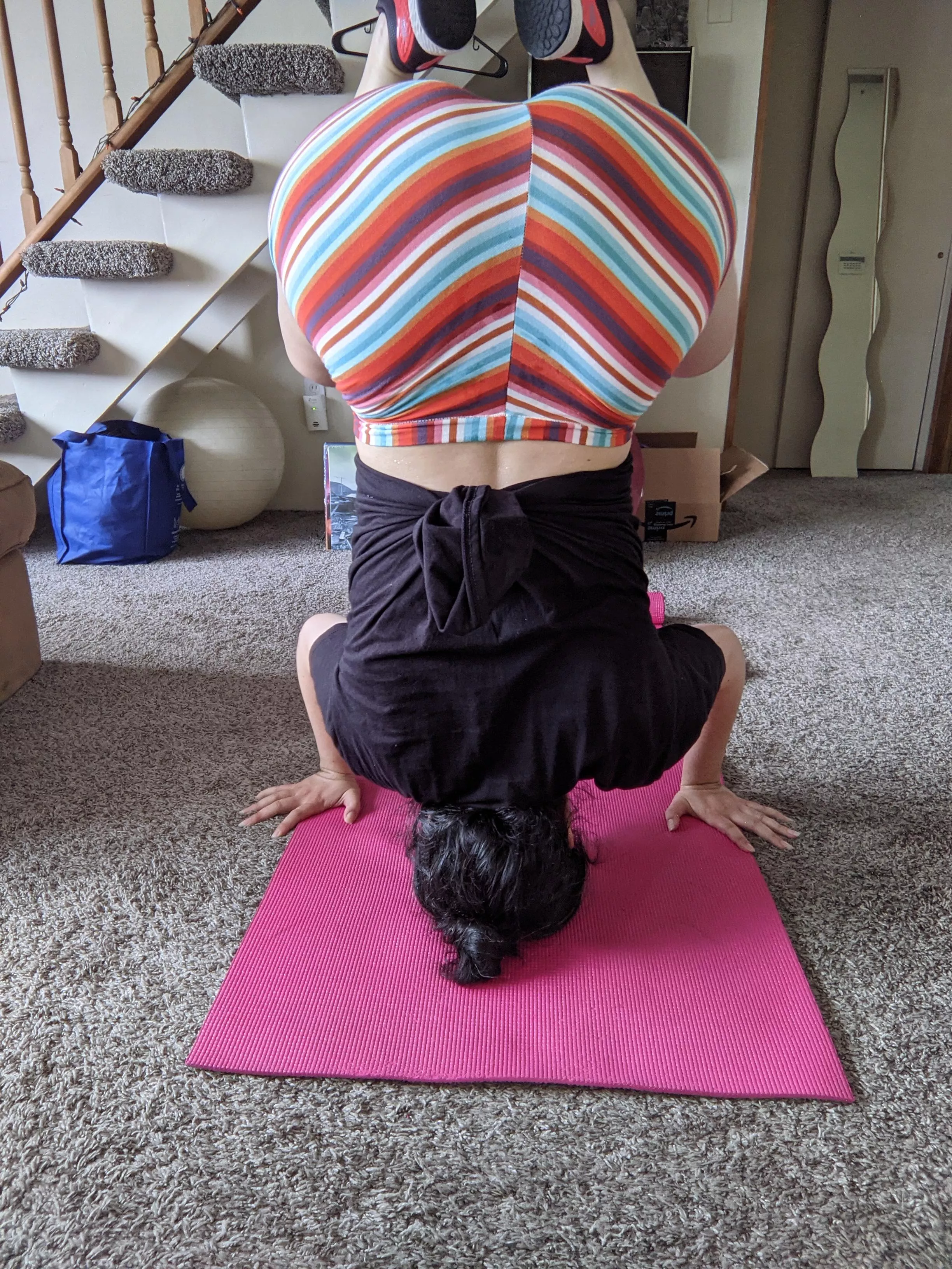 First time here! Stripey headstand.