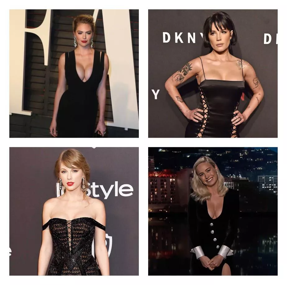 Four amazing women in four amazing black dresses, Kate Upton, Halsey, Taylor Swift and Brie Larson