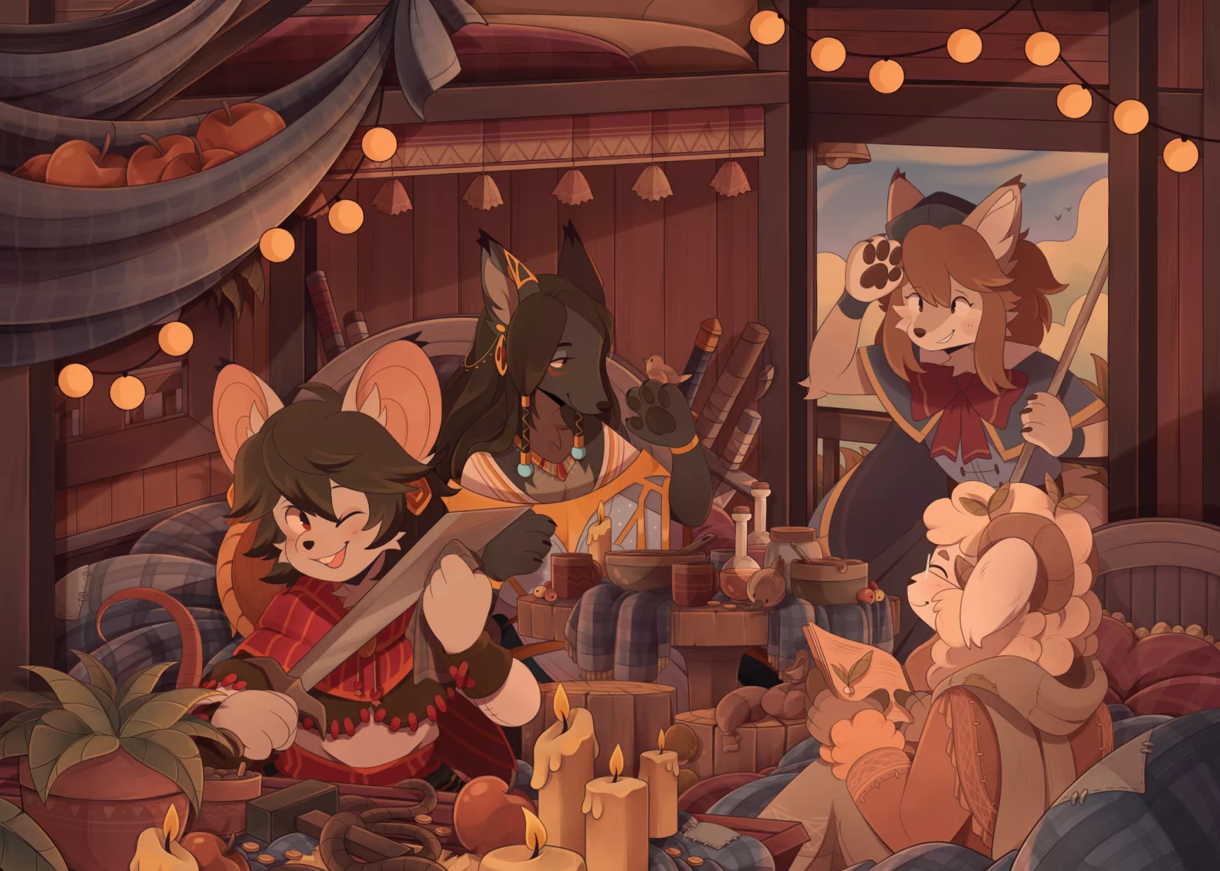 Four crew members in their house wagon! Launched my furry D&D Kickstarter this month and the furry community has helped us do AMAZINGLY well, thank you so much. Only 30-something hours left and then I can breath. (Cozy as heck wagon art by @sherwiind