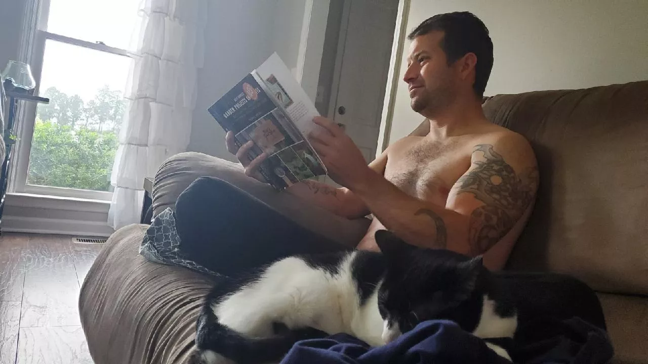 Getting in some early morning reading with my buddy.