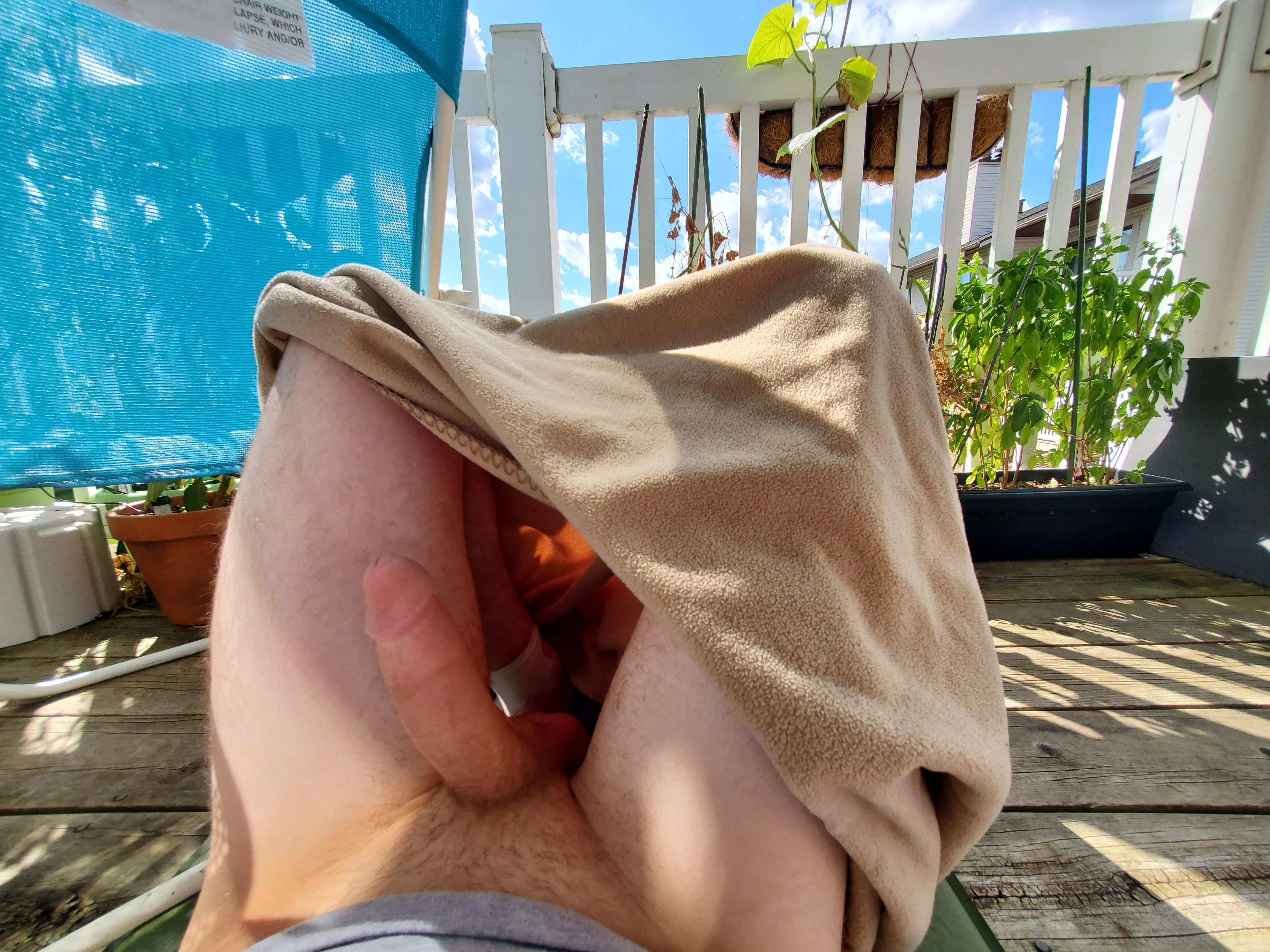 Getting some sun with my cock out. Maybe a neighbor will see 👀