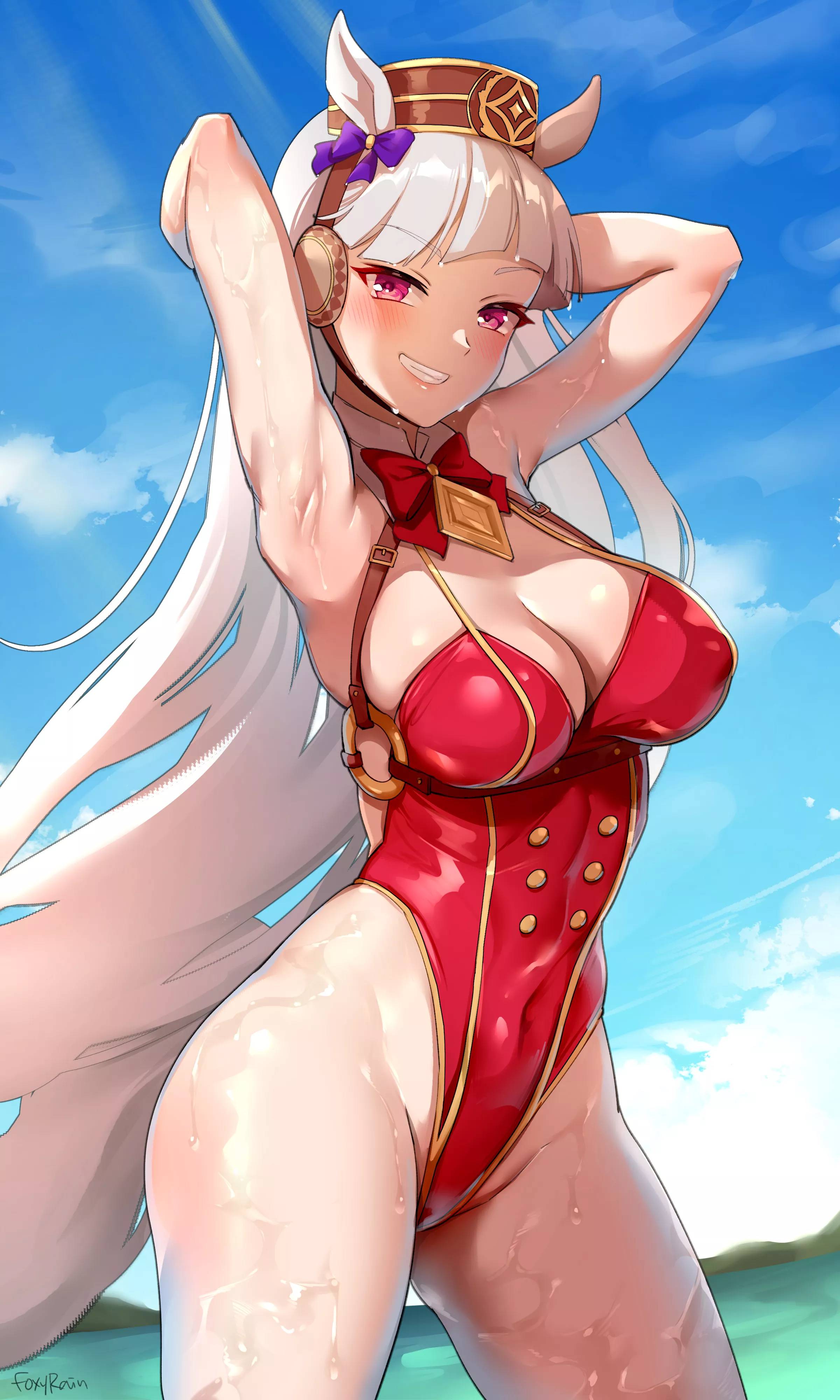 Gold Ship showing off her pits in a swimsuit