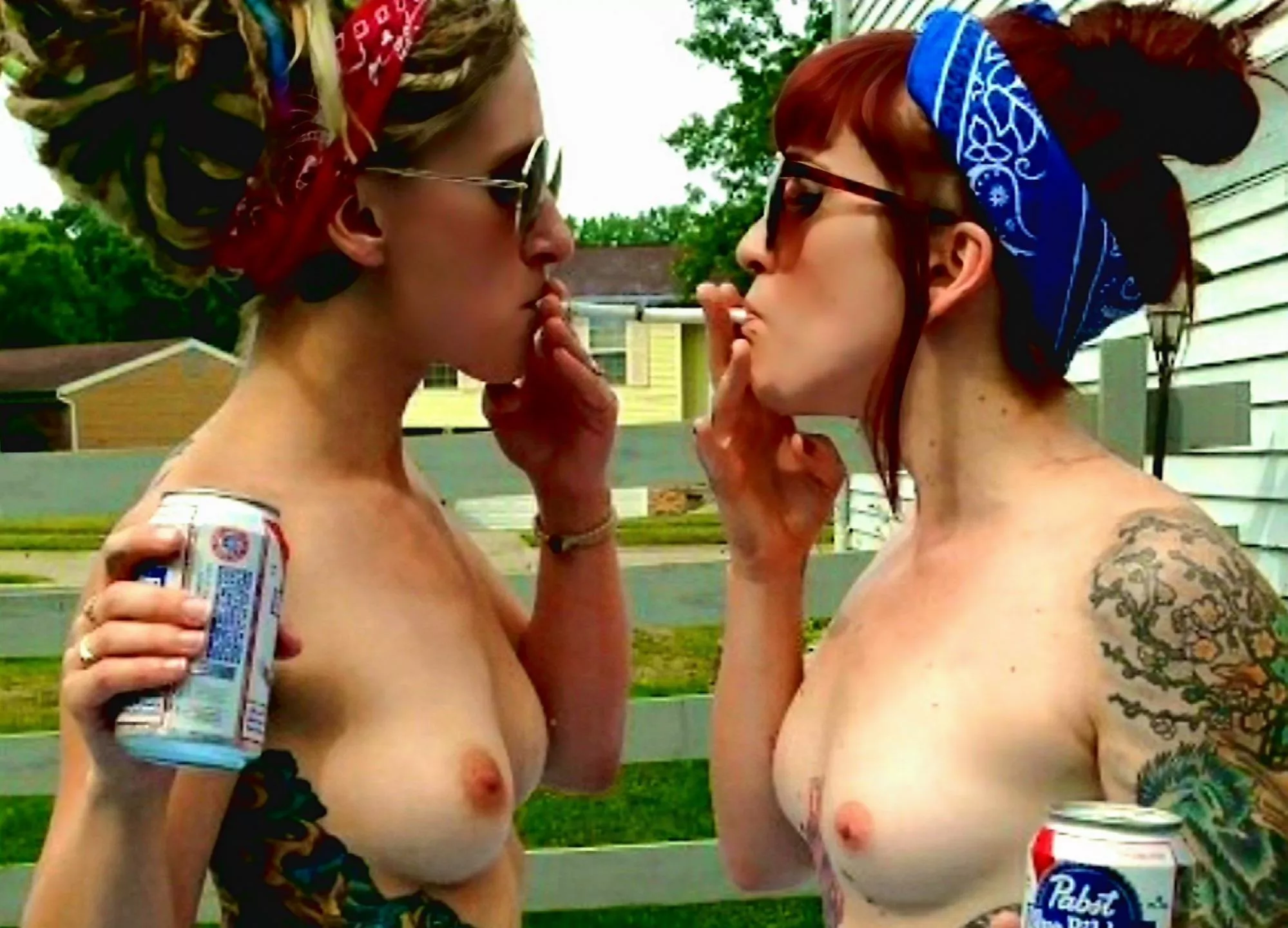 Gorgeous neighbors smoking, drinking and having cute breasts