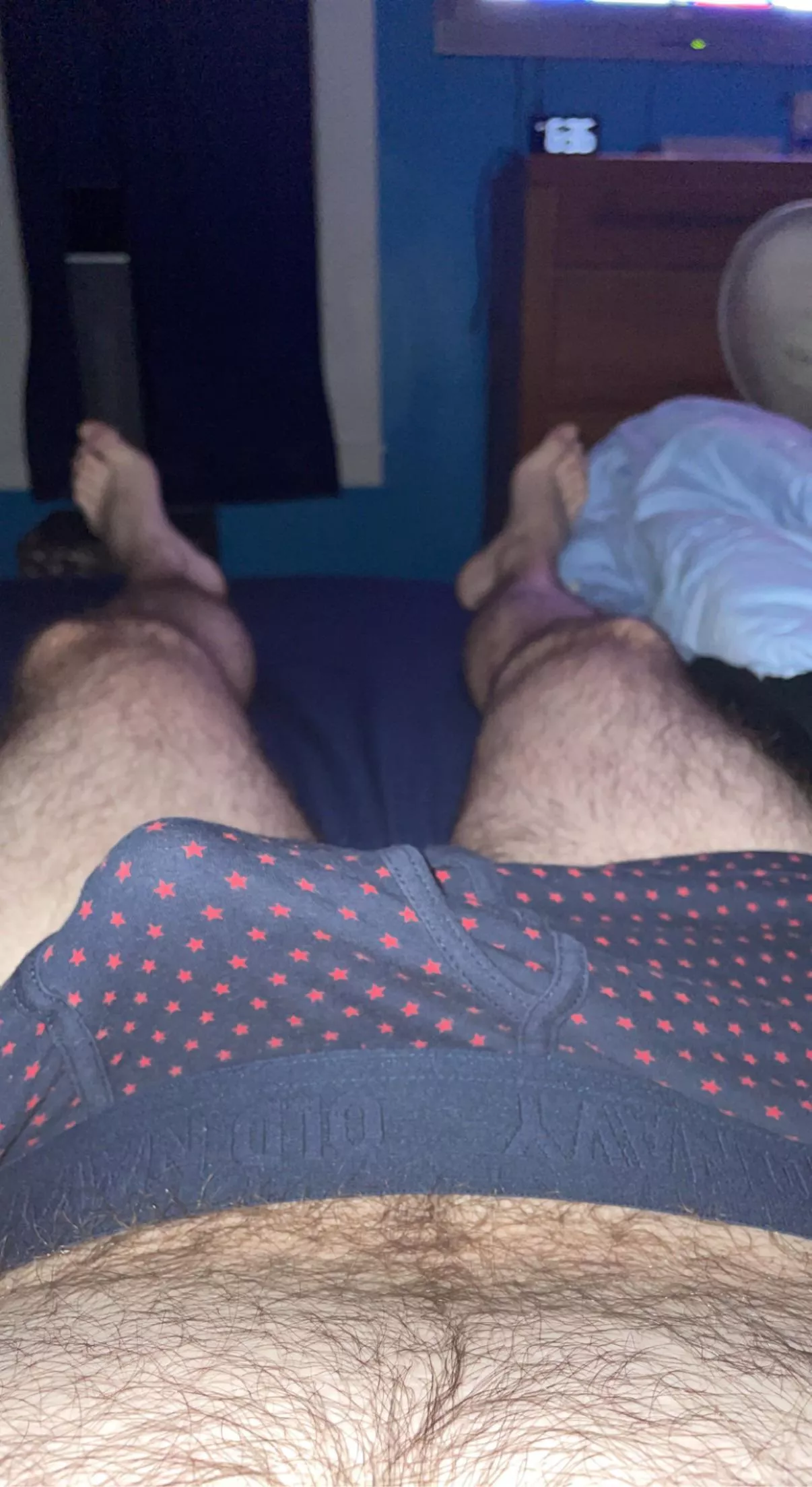 Hairy legs, feet and a morning wood bulge…