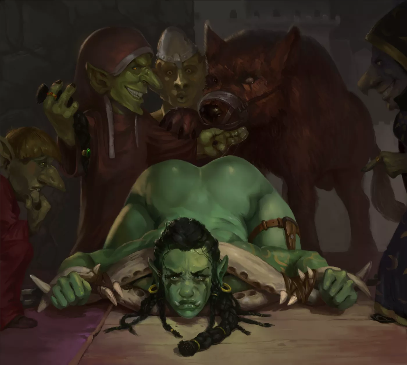 Half-orc barbarian captured by goblin monks (doomsatan666)