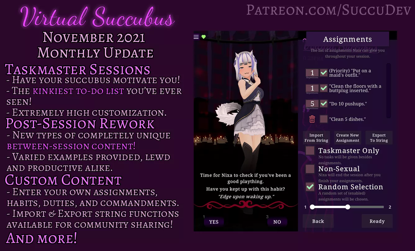 [Hentai Femdom JOI AI] Virtual Succubus Monthly Update 0.23 | Taskmaster Mode & Assignments: Channel your Horny into Productivity! | Complete rework of post-session systems. | Web/PC/Android Demos Available