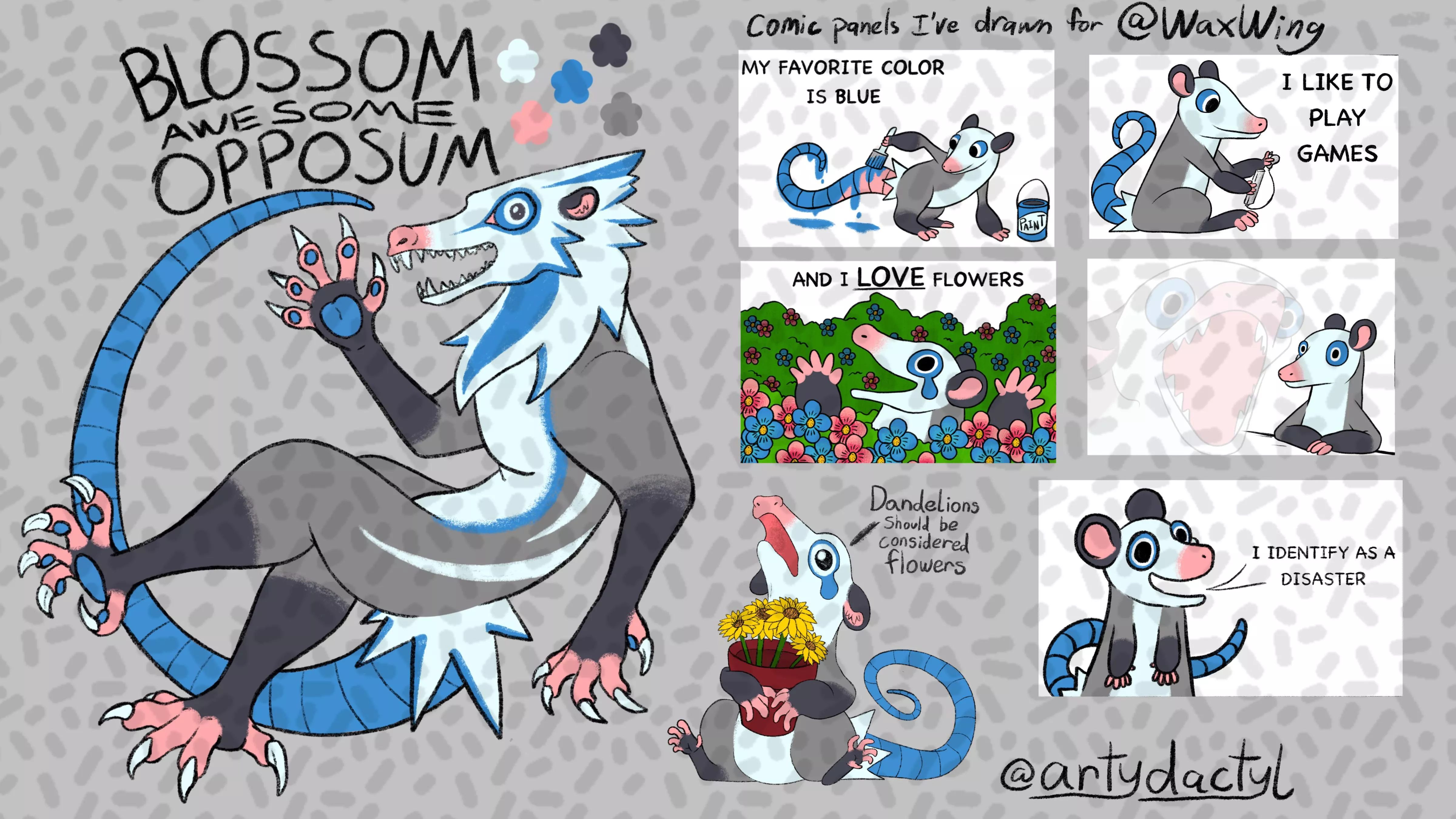 Hewwo! My name is Blossom and Iâ€™m an opossum! Iâ€™m new to the community but Iâ€™ve always wanted to get into it and make adoptables. I tried over on Twitter but I just donâ€™t understand the algorithm I guess. What kind of adopts would you like to see