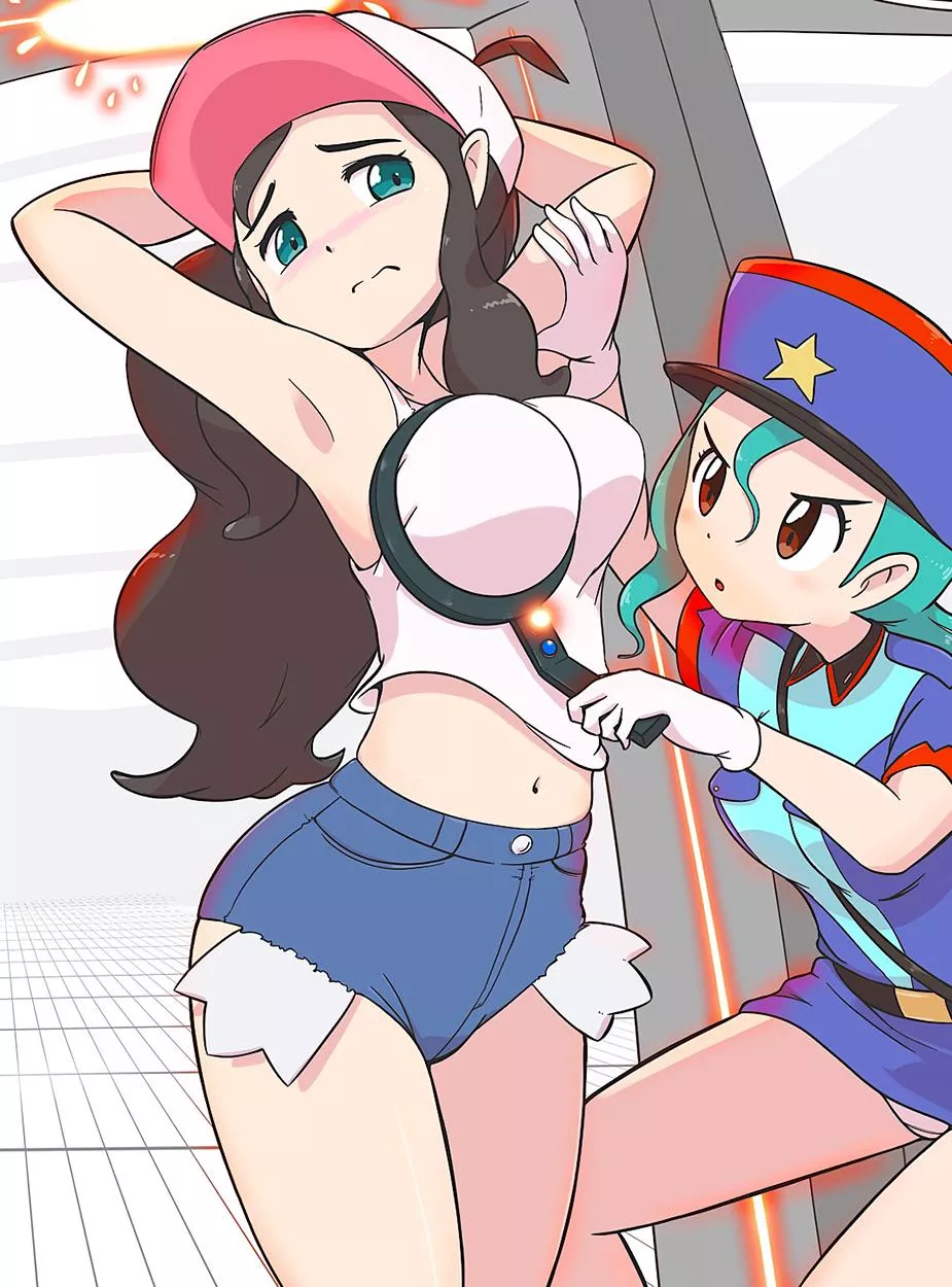 Hilda is hiding a weapon from Officer Jenny [Pokémon]