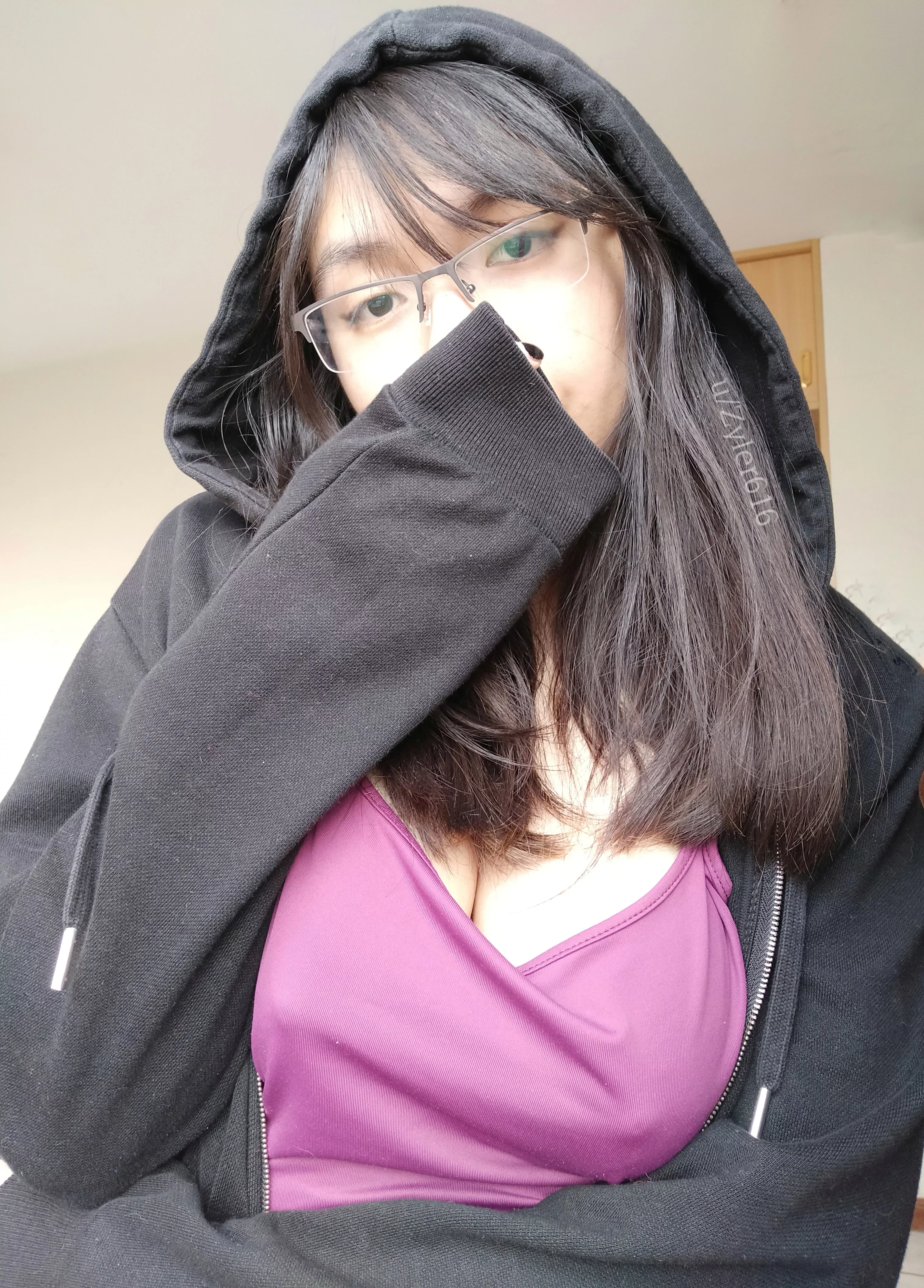 Hoodie and no bra because I like to be comfy