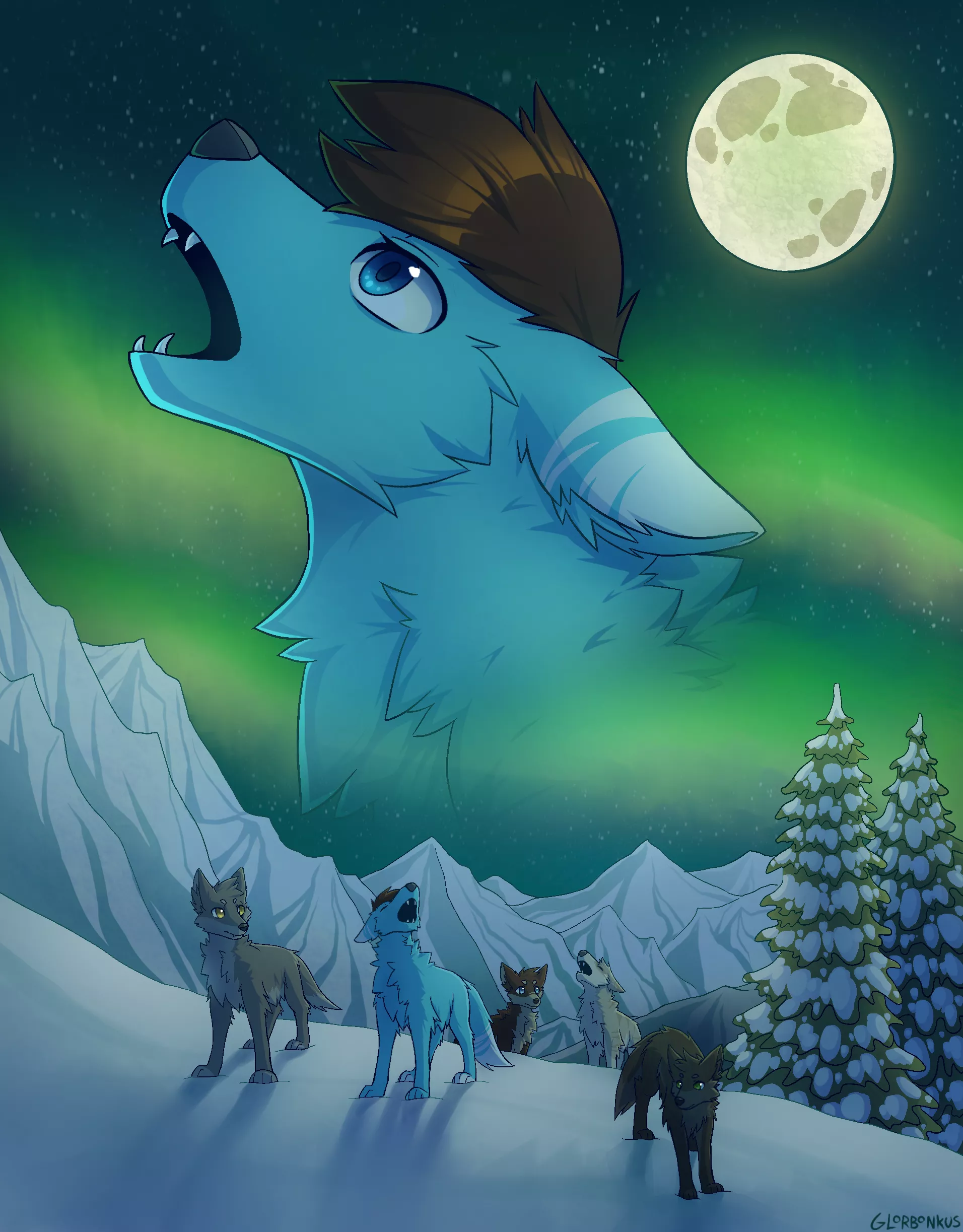 Howling wolves at the northern lights! (Art by glorbonkus on Fiverr)