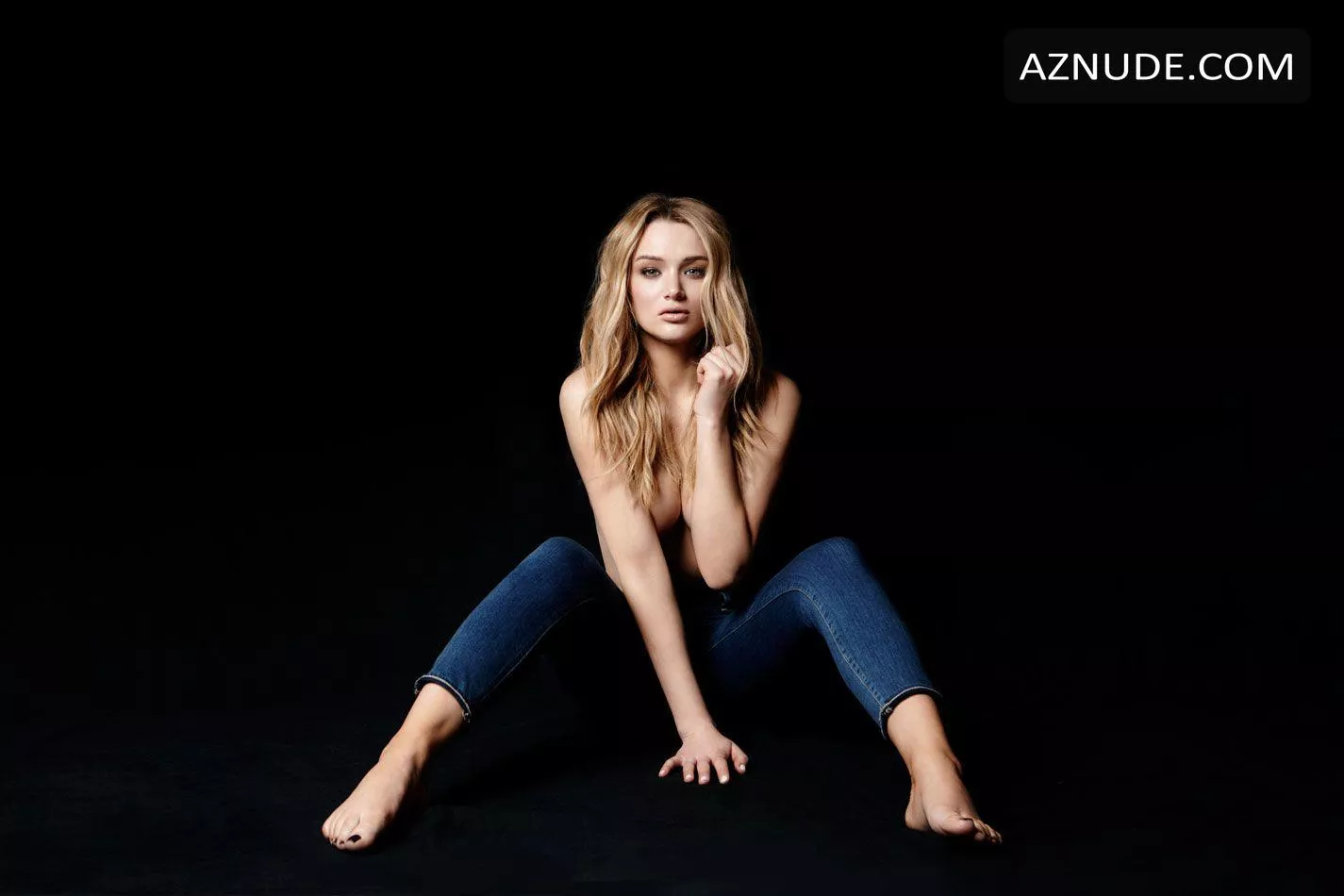 Hunter King with just her jeans on