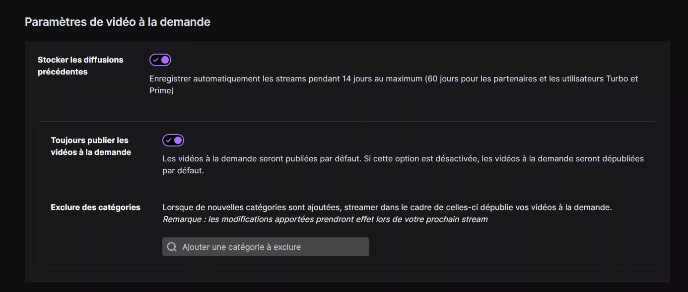 I ended my stream nearly 1 hour ago and I still can't see my VOD... but I checked the right settings, and yesterday it posted it when I streamed. What is wrong ? (sry if french but you get it)