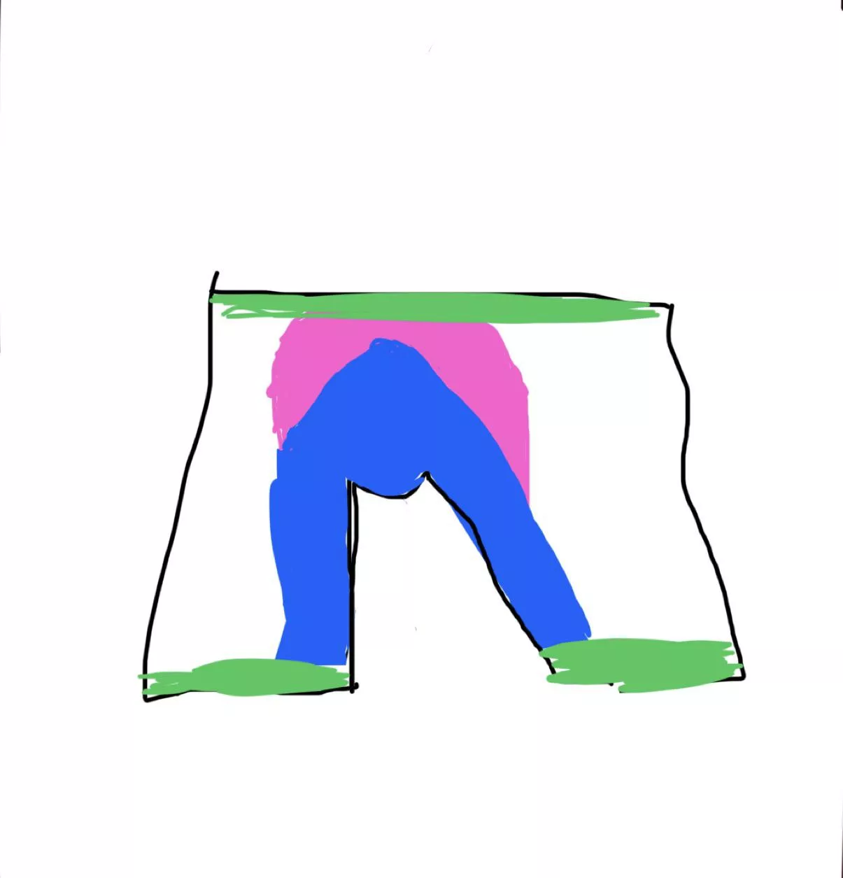 I had a dream last night that Depends had made a new kinda pull-up style diaper/boxers and the padding looked like this (green is elastics, pink is the back padding and the blue is the front and leg padding. The dream didn’t have these colors)