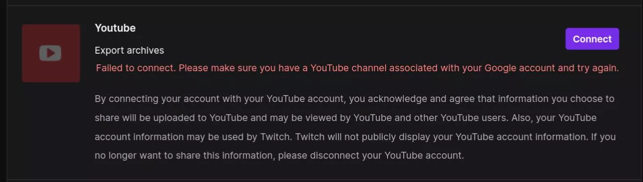 I have tried every fix I can find but Twitch still insists that I don't have a YouTube channel despite it working just 2 weeks ago. I tried connecting my account on my phone and on desktop as well as enabling popups. Please help!