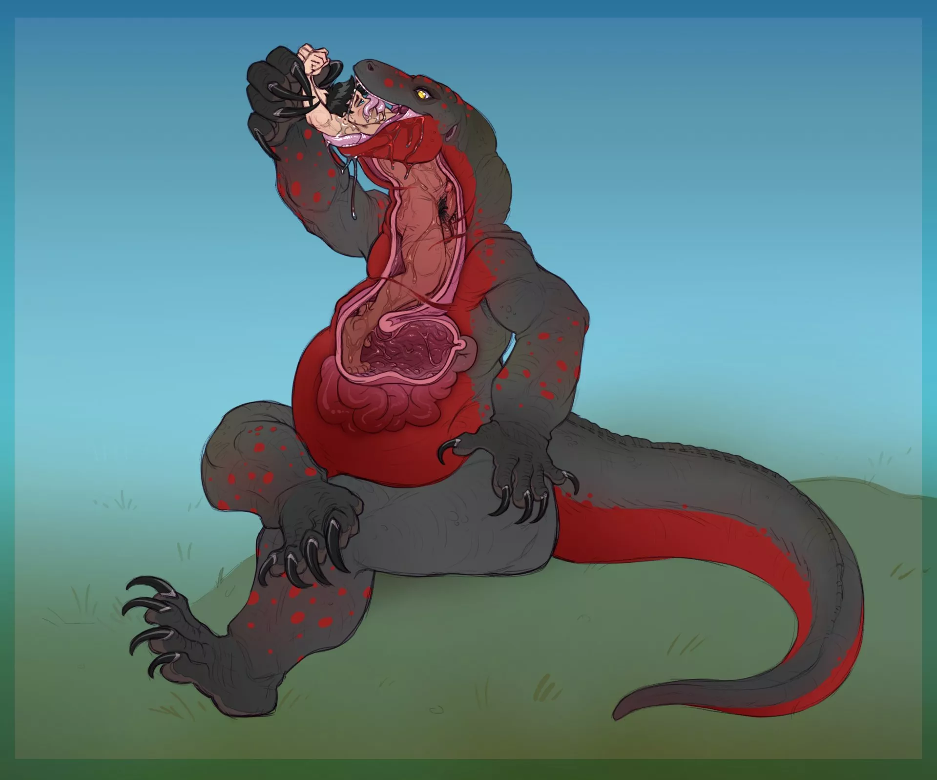 I love this scenario of the prey effectively standing inside as they're swallowed down. Does anyone have anymore pieces like this, and also know the source of this one? Thanks as always :]