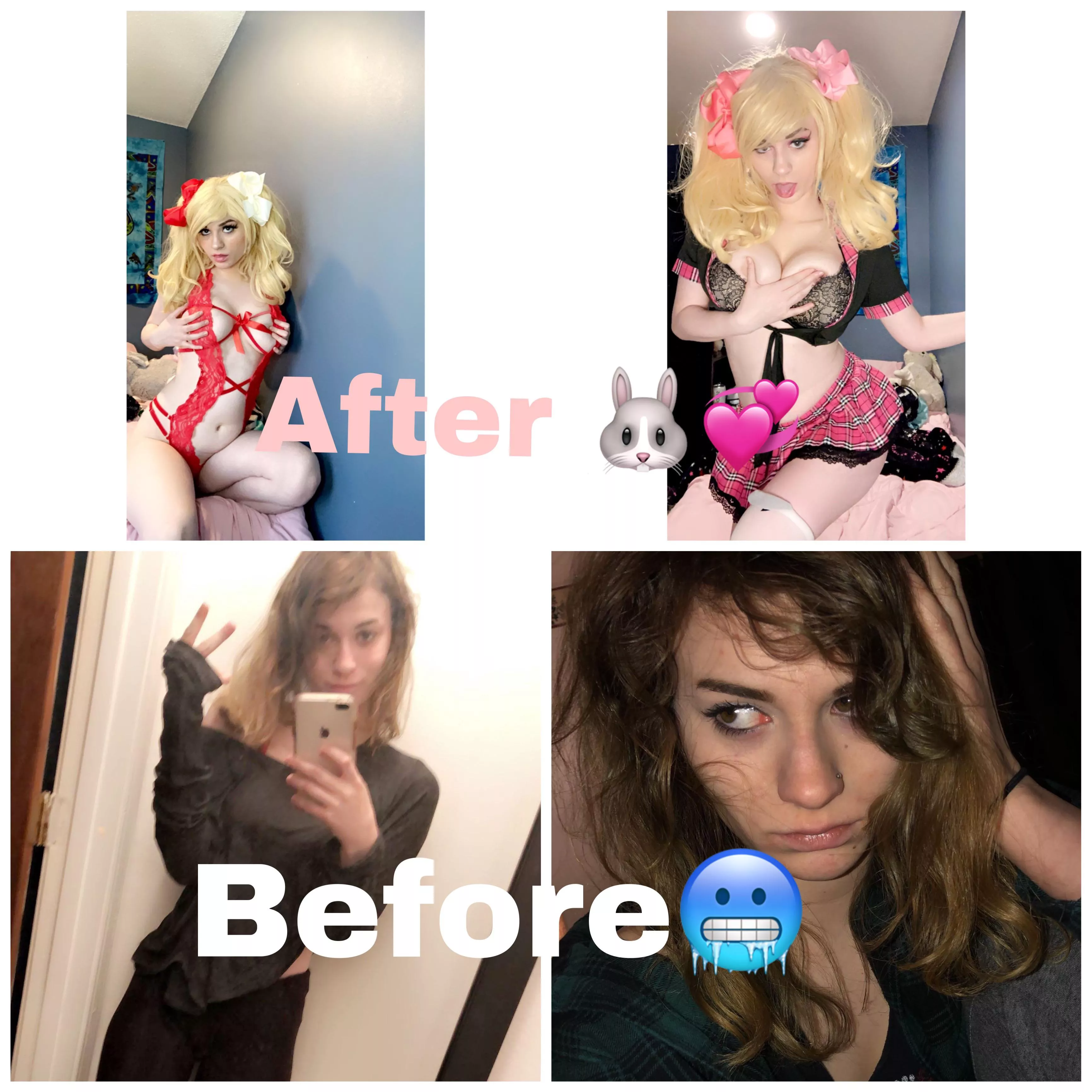 I still have work to do but Iâ€™m proud of my progress so far, the bottom pictures are from when I was 18 (and anorexic/on drugs) the top pictures are me now at 20, drug free and happy. Being a bimbo is truly the way and Iâ€™m so confident nowâœ¨ðŸ’ž