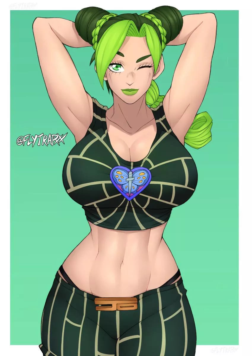 Jolyne with big breasts with her arms up while winking at viewer