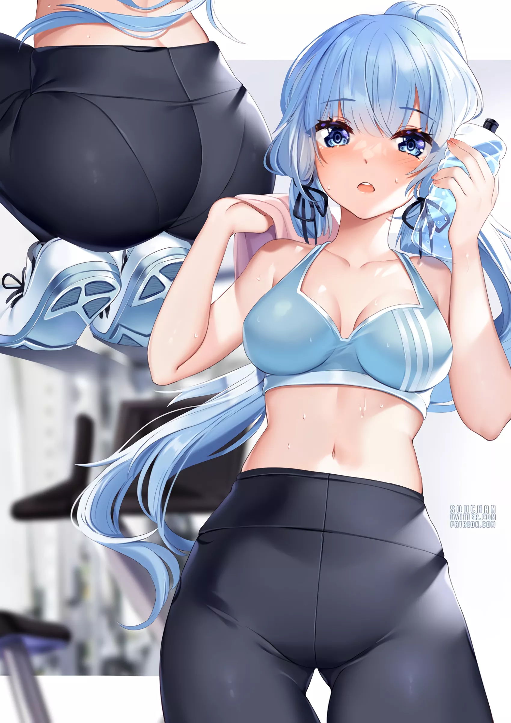 Kamisato Ayaka with water bottle in the gym (SquChan) [Genshin Impact]