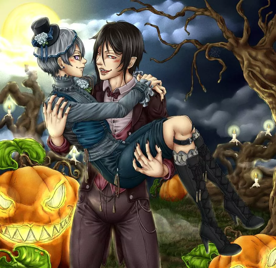 [Kuroshitsuji] Fan art I made years ago of Sebastian and Ciel from Black Butler. I drew this for a contest for Halloween. 🖤🎃🦇 I love these two together.