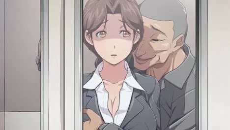 LF Color Source: 1boy, 1girl, braided ponytail, breast grab, brown/grey hair, business suit, chikan, cleavage, collarbone, from outside, grabbing/groping from behind, grey clothes, hair intakes, large breasts, office lady, parted lips, scared, ugly basta