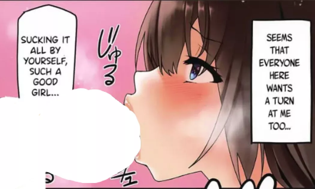 LF Color Source: 1Girl, Brown_hair, Blue_eyes, Blowjob/Fellatio, Pink_background, ''Seem that everyone here wants a turn at me too...'', ''Sucking it all by yourself,such a good girl''