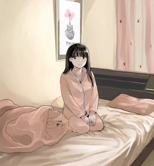 LF color source: 1girl, dark long hair, pajamas, bedroom, sitting.